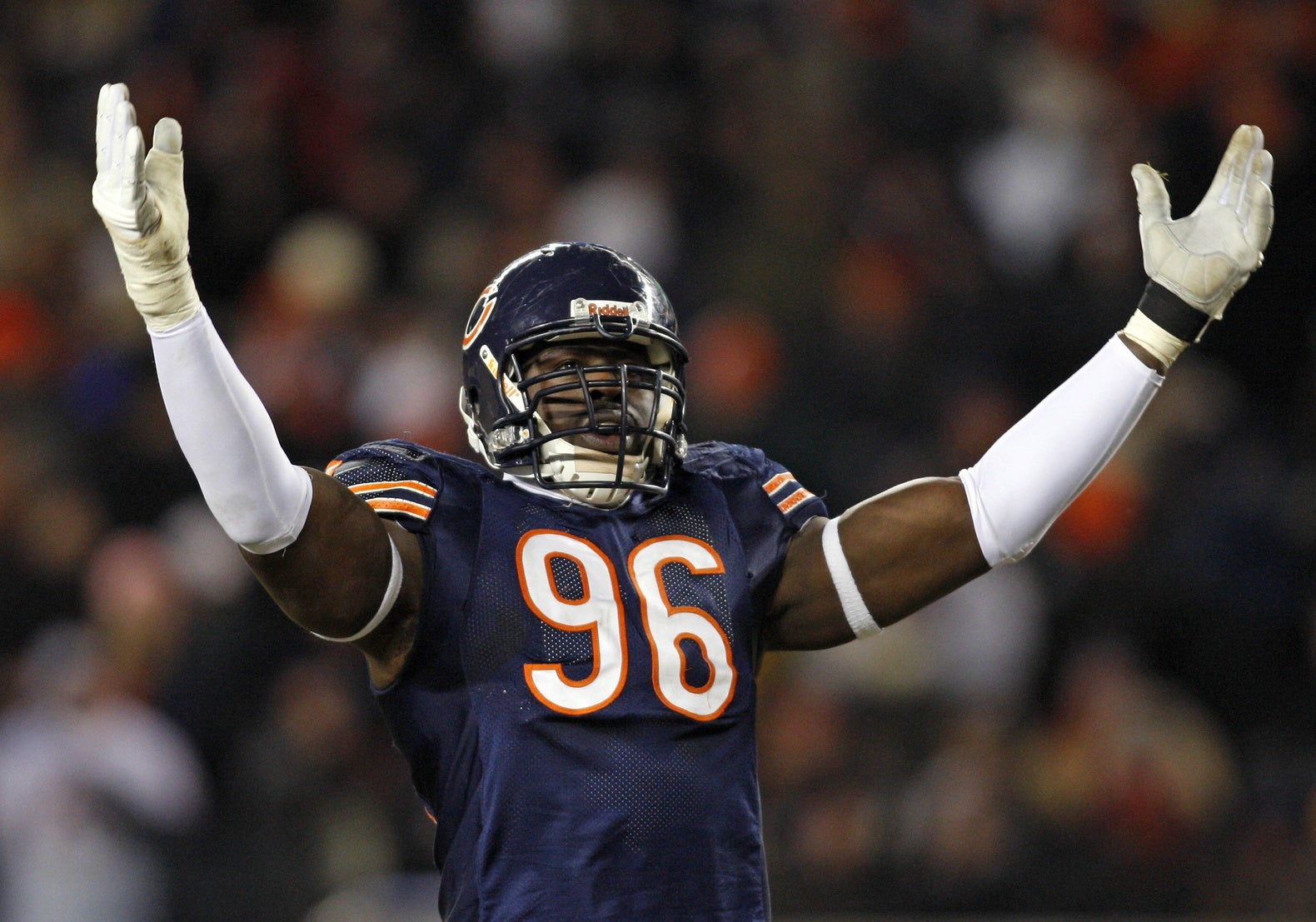 Dec 11, 2008; Chicago, IL, USA; Chicago Bears defensive end Alex Brown (96) tries to pump up the crowd during the second quarter against the New Orleans Saints at Soldier Field. The Bears beat the Saints 27-24 in overtime. Mandatory Credit: Jerry Lai-USA TODAY Sports
