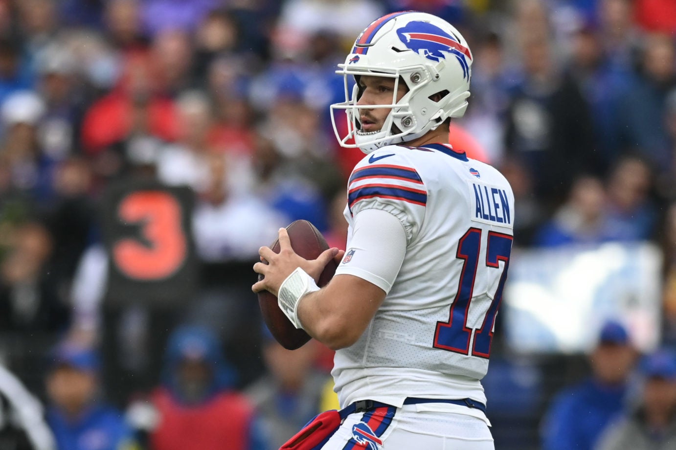 Oct 2, 2022; Baltimore, Maryland, USA;  Buffalo Bills quarterback Josh Allen (17) looks to throw during the first half against the Baltimore Ravens at M&T Bank Stadium. Mandatory Credit: Tommy Gilligan-USA TODAY Sports