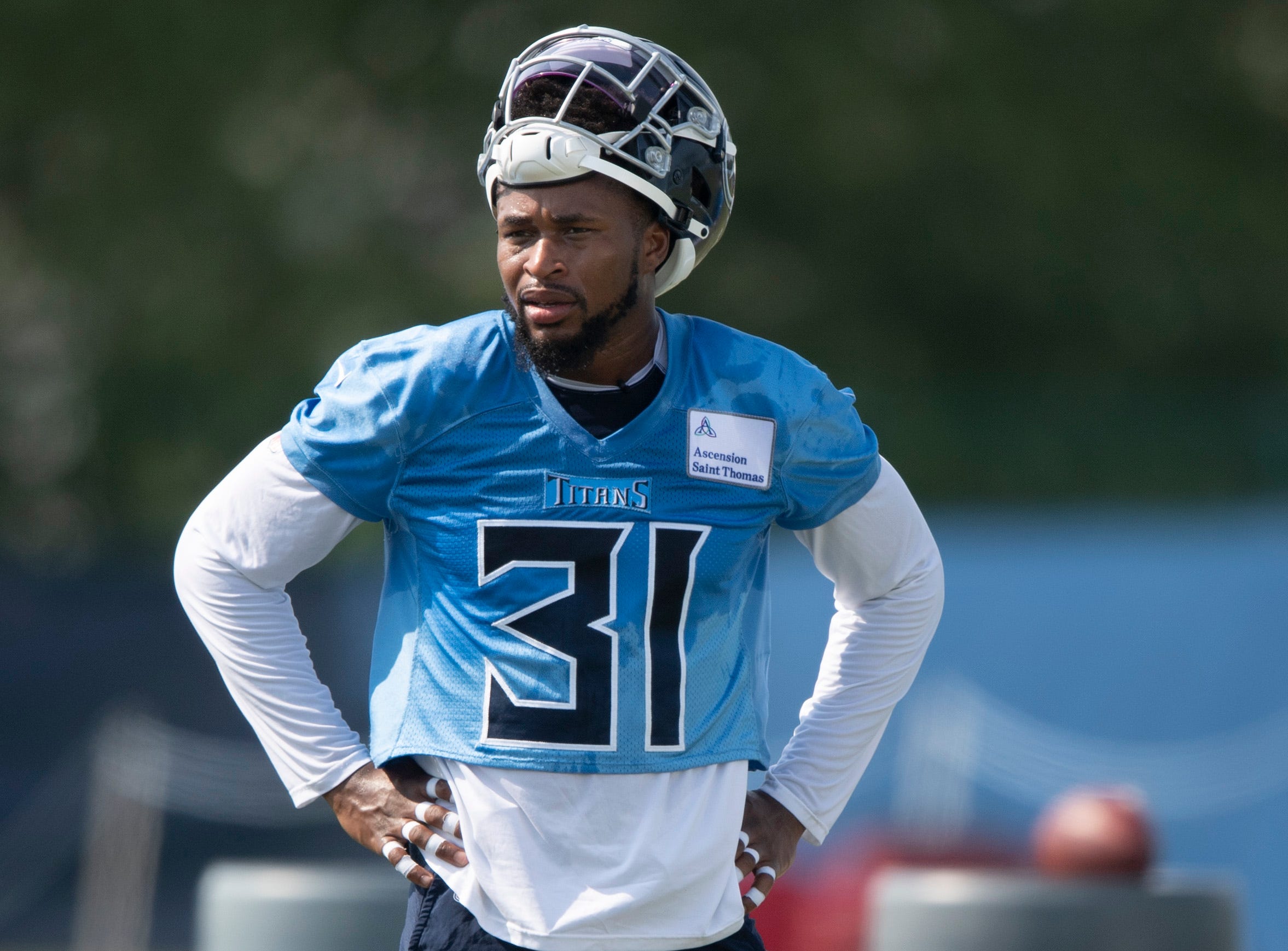Tennessee Titans free safety Kevin Byard (31) watches his teammates during a training camp practice at Saint Thomas Sports Park Friday, July 30, 2021 in Nashville, Tenn. Nas 0730 Titans Camp 017