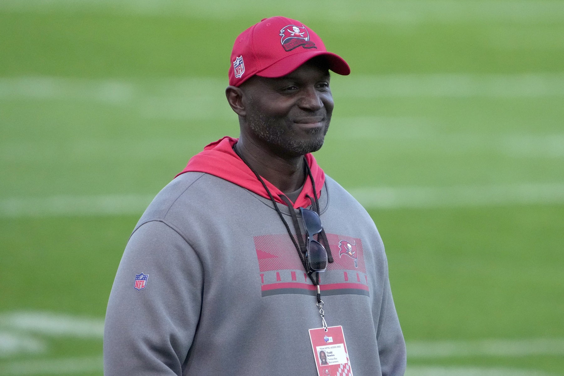 Nov 11, 2022; Munich, Germany; Tampa Bay Buccaneers head coach Todd Bowles reacts during practice at the FC Bayern Campus. Mandatory Credit: Kirby Lee-USA TODAY Sports