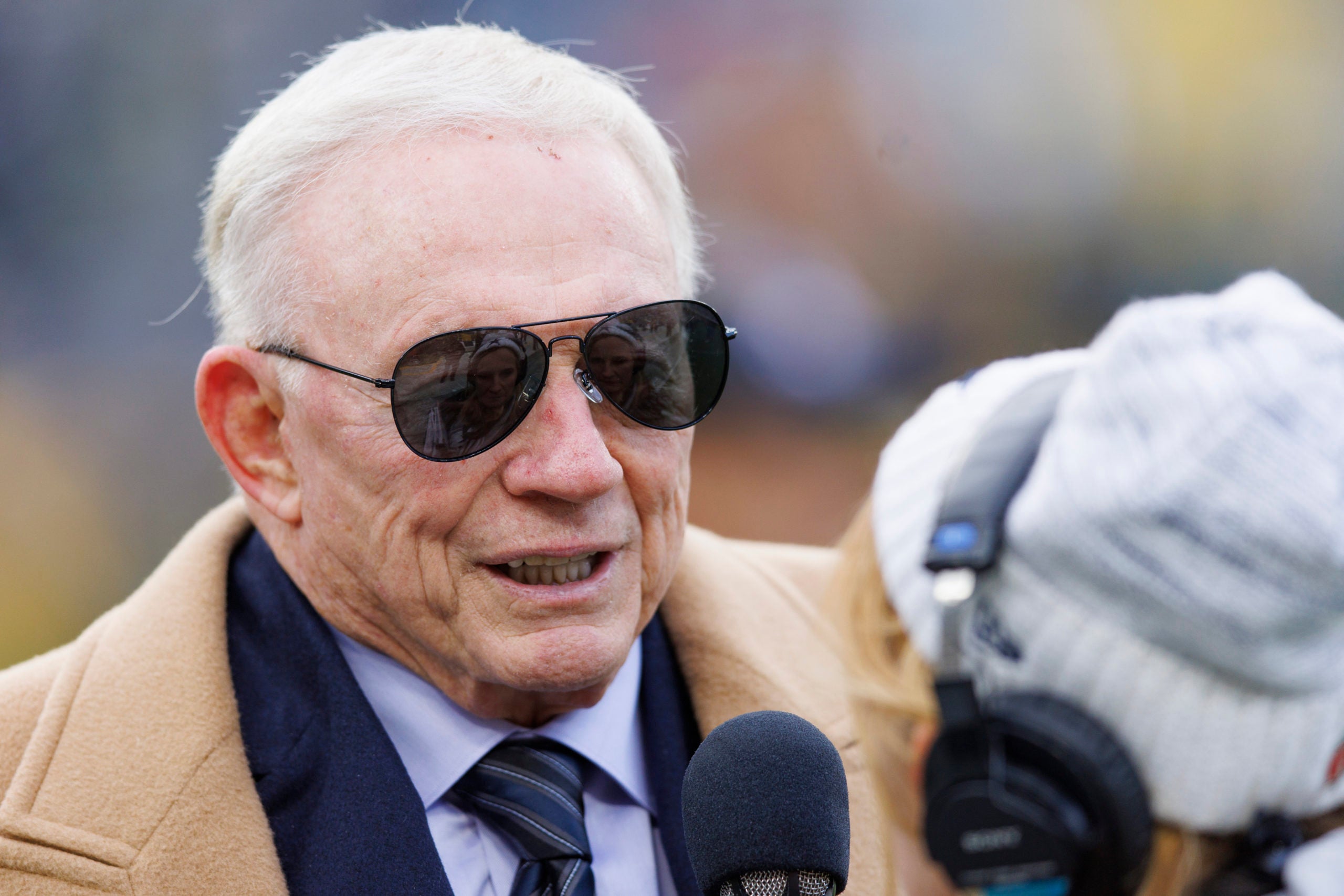 Nov 13, 2022; Green Bay, Wisconsin, USA;  Dallas Cowboys owner Jerry Jones answers questions from media prior to the game against the Green Bay Packers at Lambeau Field. Mandatory Credit: Jeff Hanisch-USA TODAY Sports