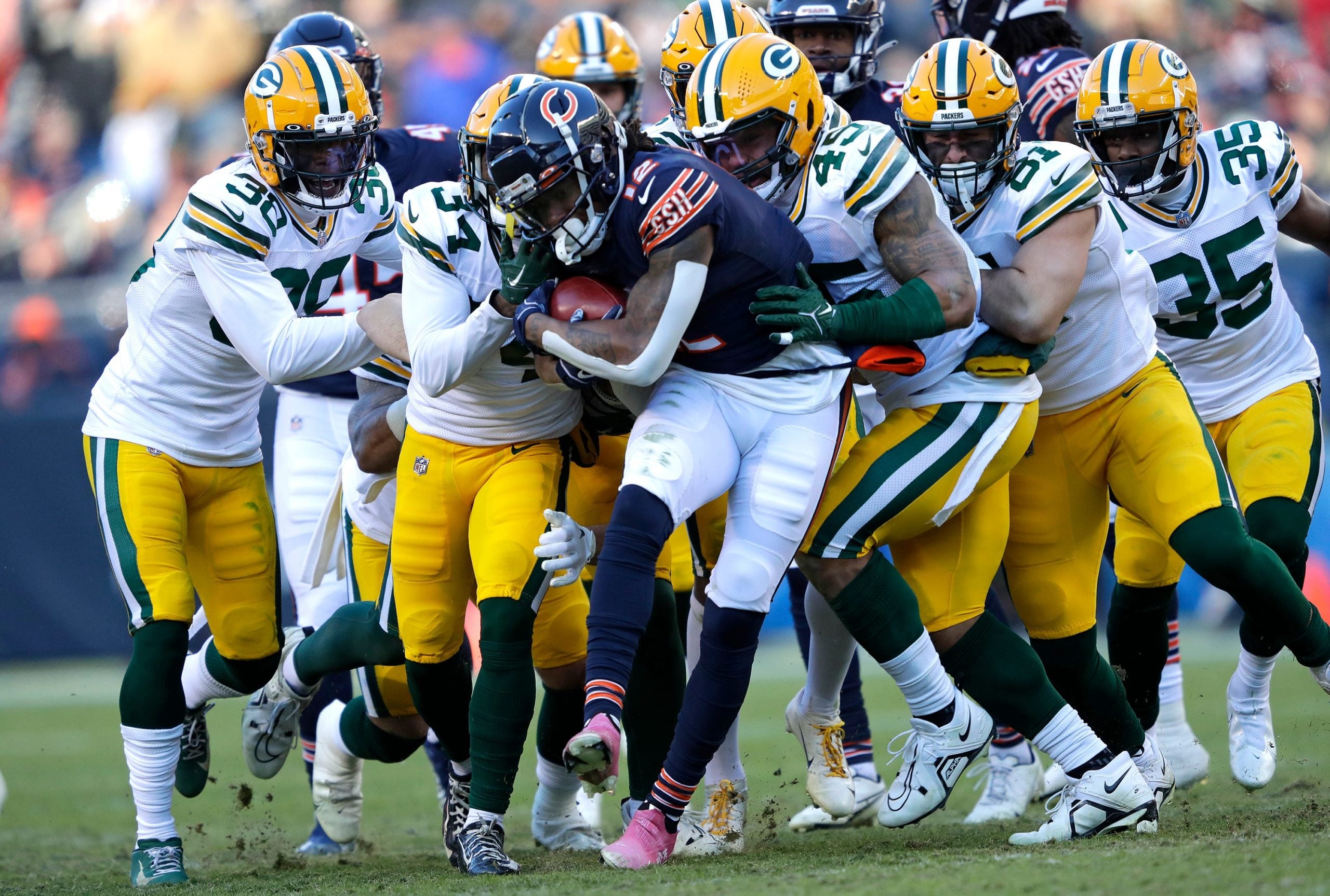 Chicago Bears wide receiver Velus Jones Jr. (12) is stopped by the Green Bay Packers on a kick off return during their football game Sunday, December 4, at Soldier Field in Chicago, Ill. Dan Powers/USA TODAY NETWORK-Wisconsin Uscp 7nwo6s27syr1ld1yf19y8 Original