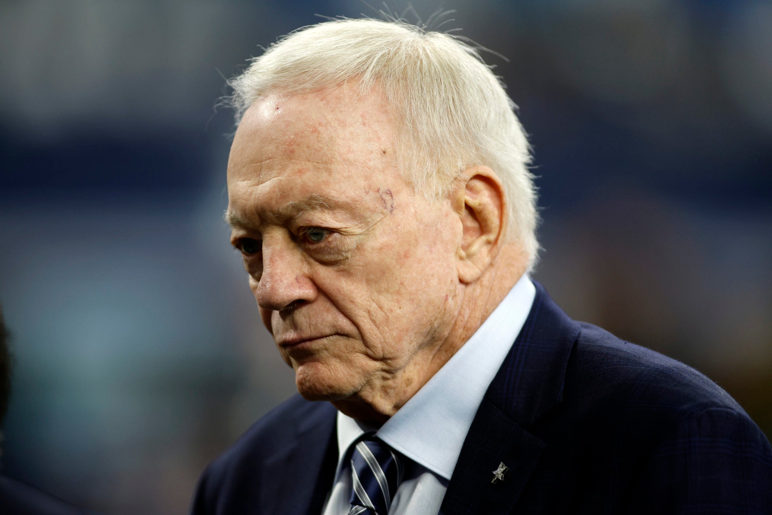 Oct 23, 2022; Arlington, Texas, USA; Dallas Cowboys owner Jerry Jones on the field before the game against the Detroit Lions at AT&T Stadium. Mandatory Credit: Tim Heitman-USA TODAY Sports
