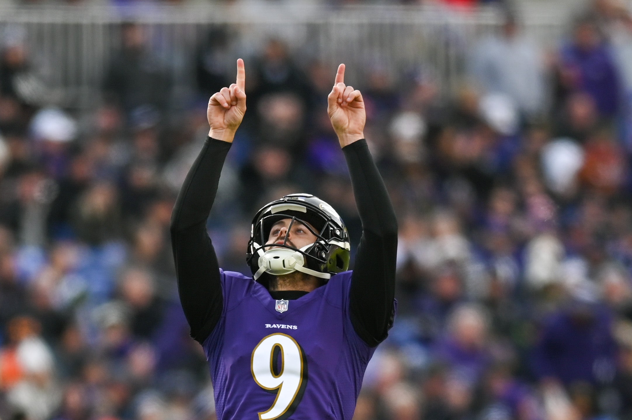 Dec 4, 2022; Baltimore, Maryland, USA; Baltimore Ravens place kicker Justin Tucker (9) reacts after kicking a first half field goal against the Denver Broncos   at M&T Bank Stadium. Mandatory Credit: Tommy Gilligan-USA TODAY Sports