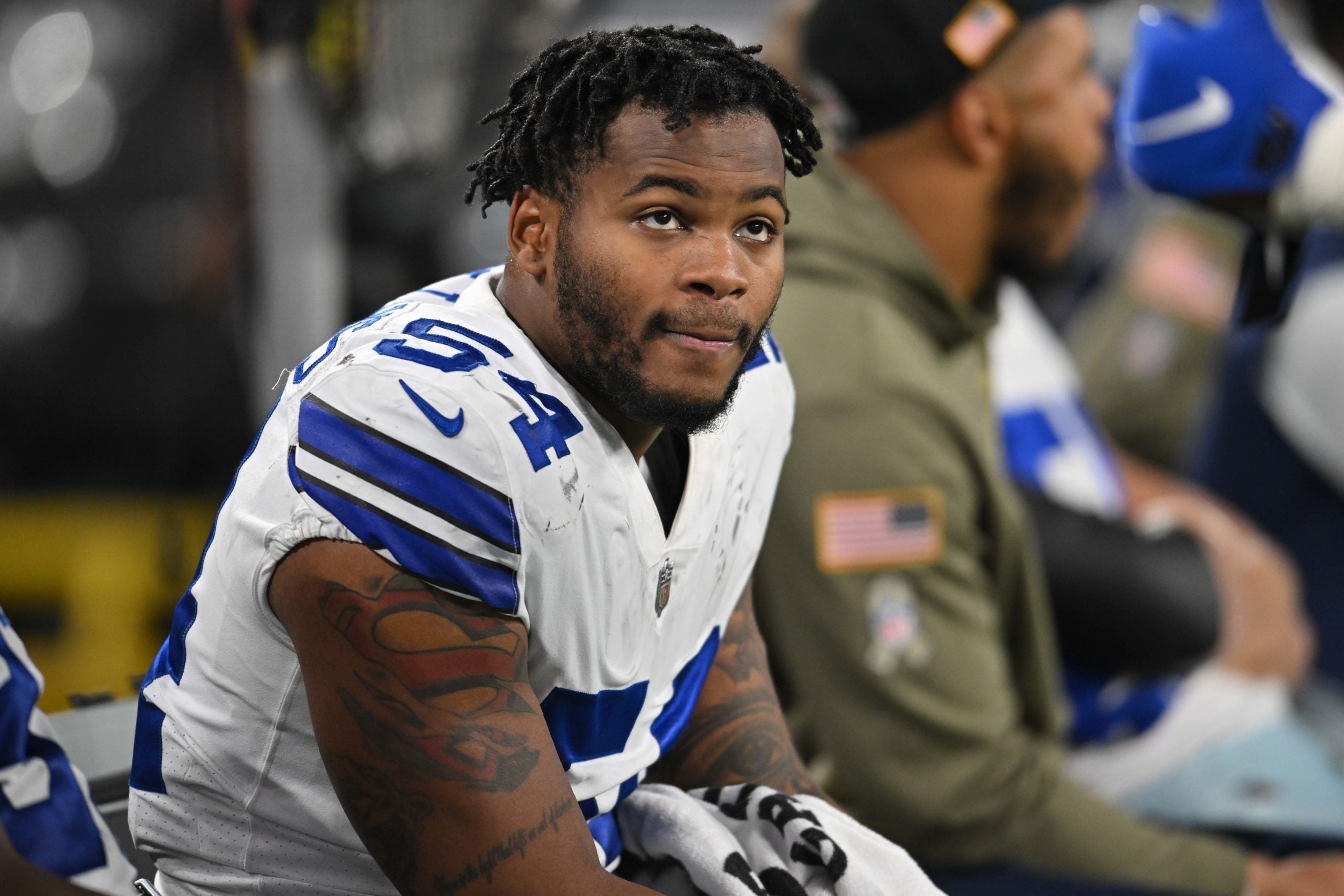 Nov 20, 2022; Minneapolis, Minnesota, USA; Dallas Cowboys defensive end Sam Williams (54) looks on during the game against the Minnesota Vikings at U.S. Bank Stadium. Mandatory Credit: Jeffrey Becker-USA TODAY Sports