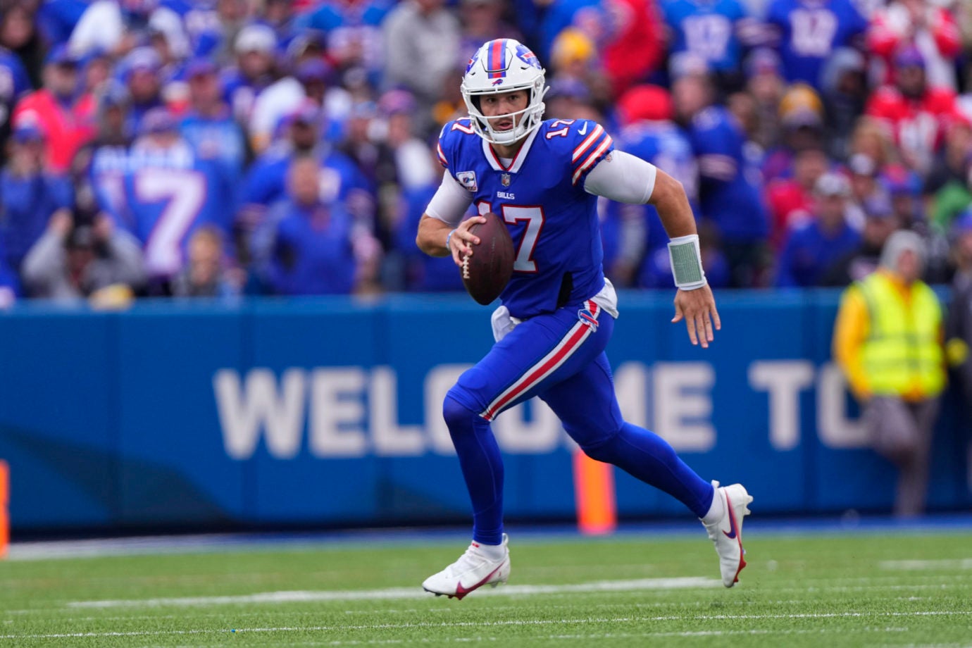 Oct 9, 2022; Orchard Park, New York, USA; Buffalo Bills quarterback Josh Allen (17) runs with the ball against the Pittsburgh Steelers during the second half at Highmark Stadium. Mandatory Credit: Gregory Fisher-USA TODAY Sports