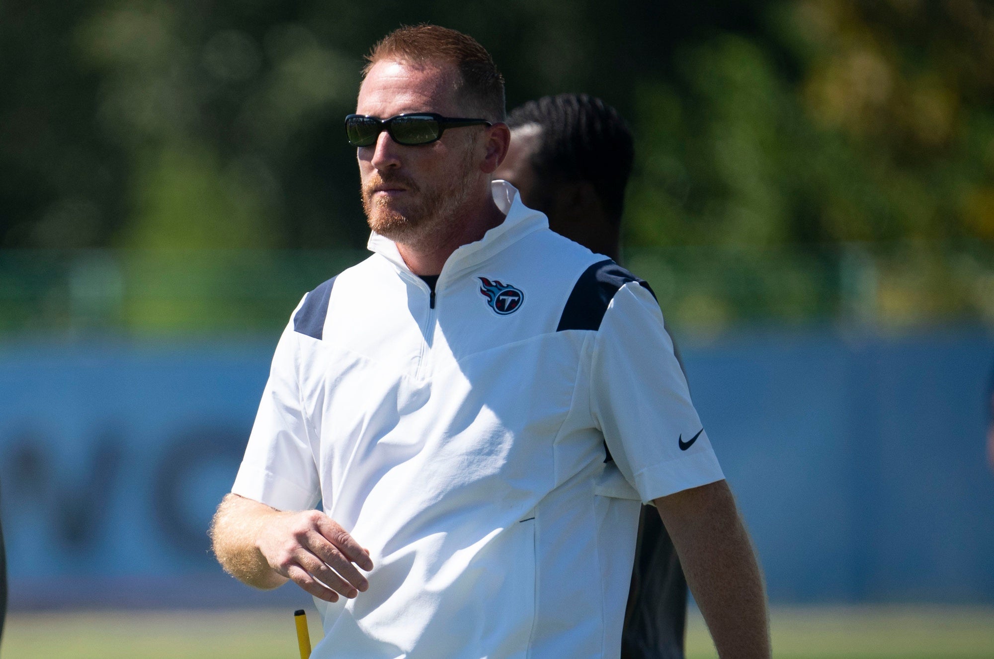 Tennessee Titans offensive coordinator Todd Downing watches his players during practice at Ascension Saint Thomas Sports Park Thursday, Sept. 8, 2022, in Nashville, Tenn. Nas 0908 Titans 002