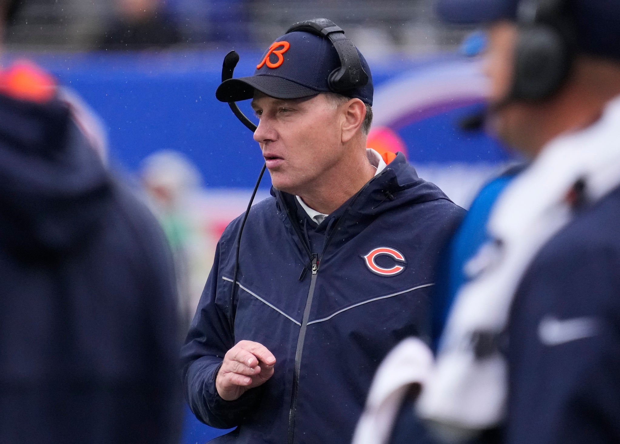 Oct 2, 2022; East Rutherford, New Jersey, USA; Chicago Bears head coach Matt Eberflus looks on during the first half of the game against the New York Giants at MetLife Stadium. Mandatory Credit: Robert Deutsch-USA TODAY Sports