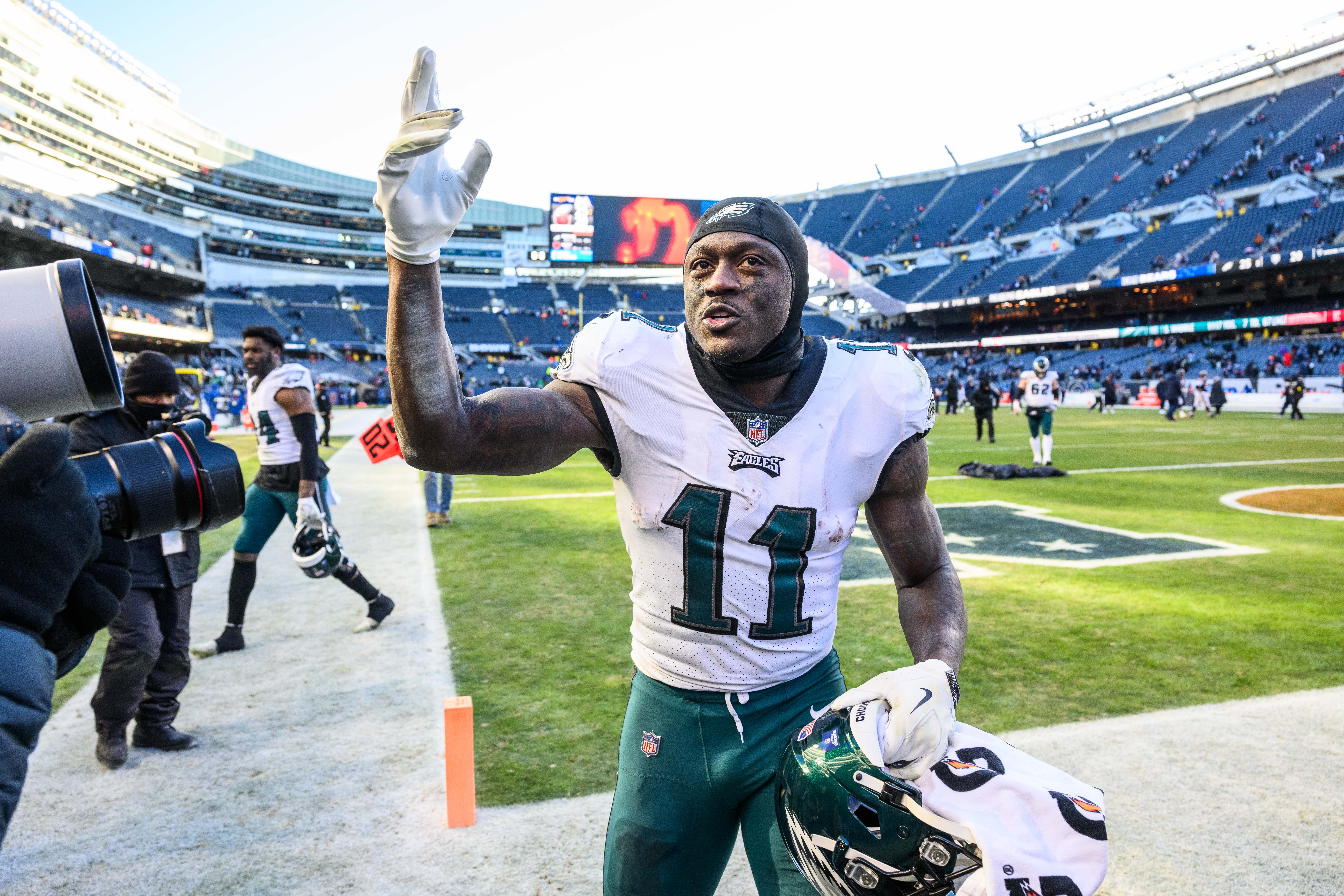 Dec 18, 2022; Chicago, Illinois, USA; Philadelphia Eagles wide receiver A.J. Brown (11) walks off the field after the game against the Chicago Bears at Soldier Field. Mandatory Credit: Daniel Bartel-USA TODAY Sports