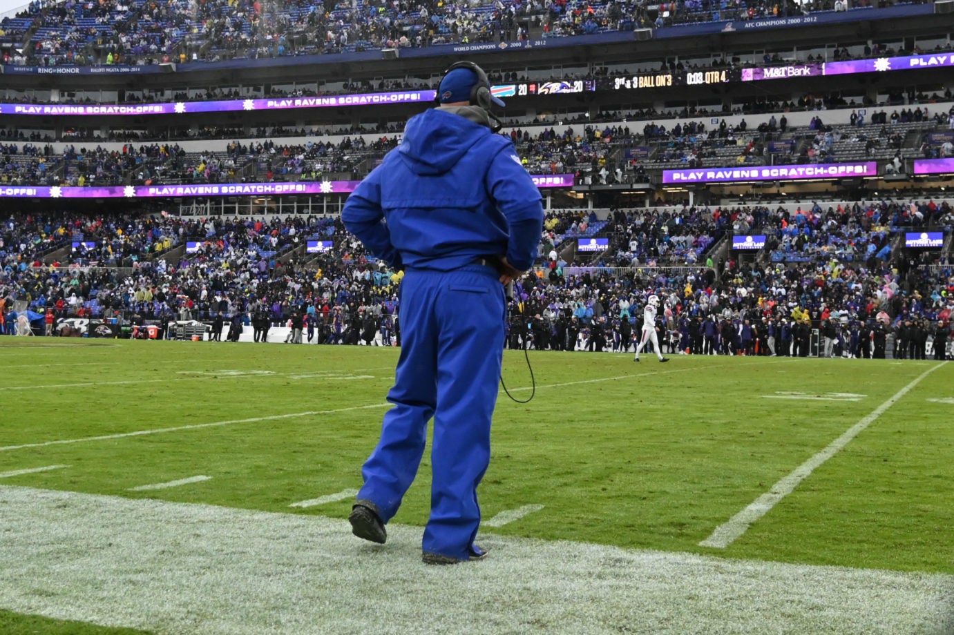 Oct 2, 2022; Baltimore, Maryland, USA;  Buffalo Bills head coach Sean McDermott looks onto the field during the fourth quarter against the Baltimore Ravens at M&T Bank Stadium. Mandatory Credit: Tommy Gilligan-USA TODAY Sports