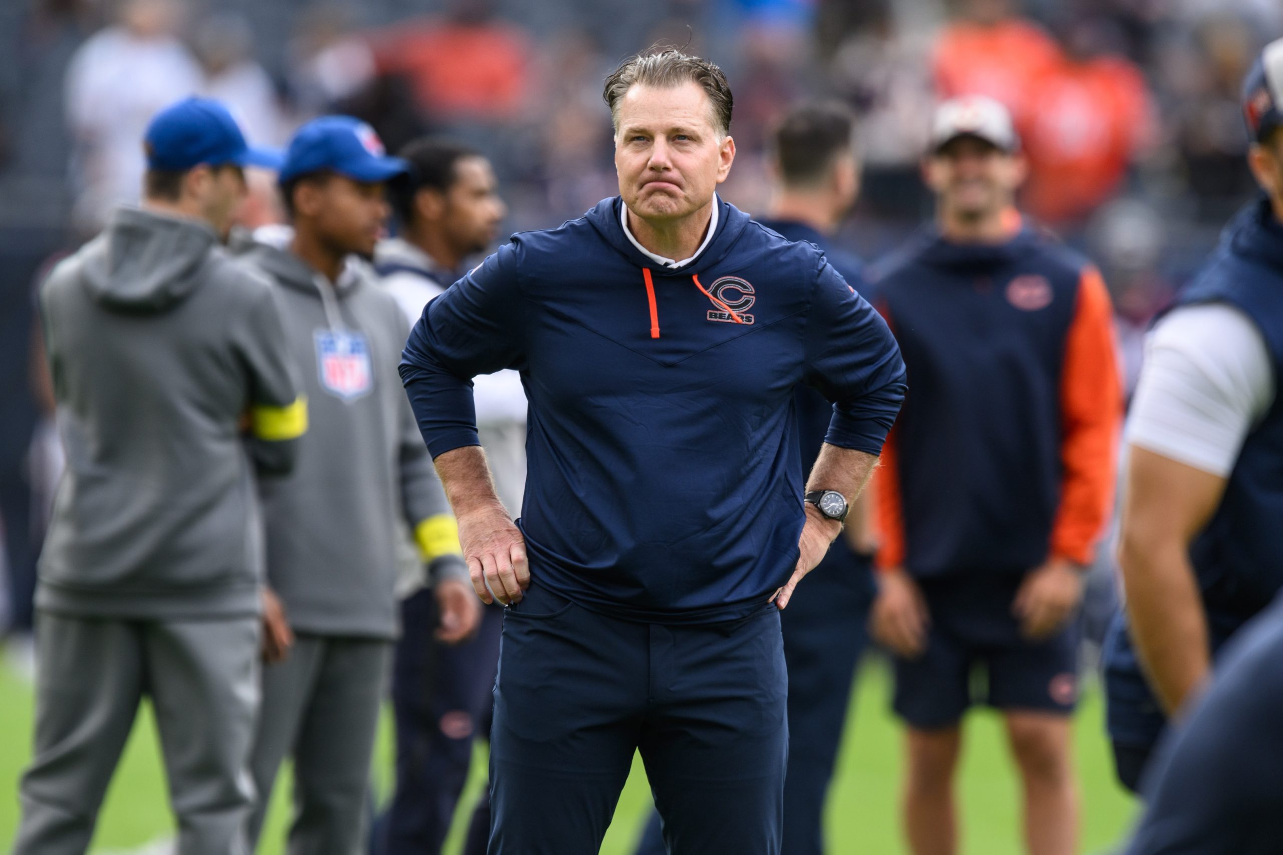 Sep 25, 2022; Chicago, Illinois, USA; Chicago Bears head coach Matt Eberflus looks on before the game against the Houston Texans at Soldier Field. Mandatory Credit: Daniel Bartel-USA TODAY Sports