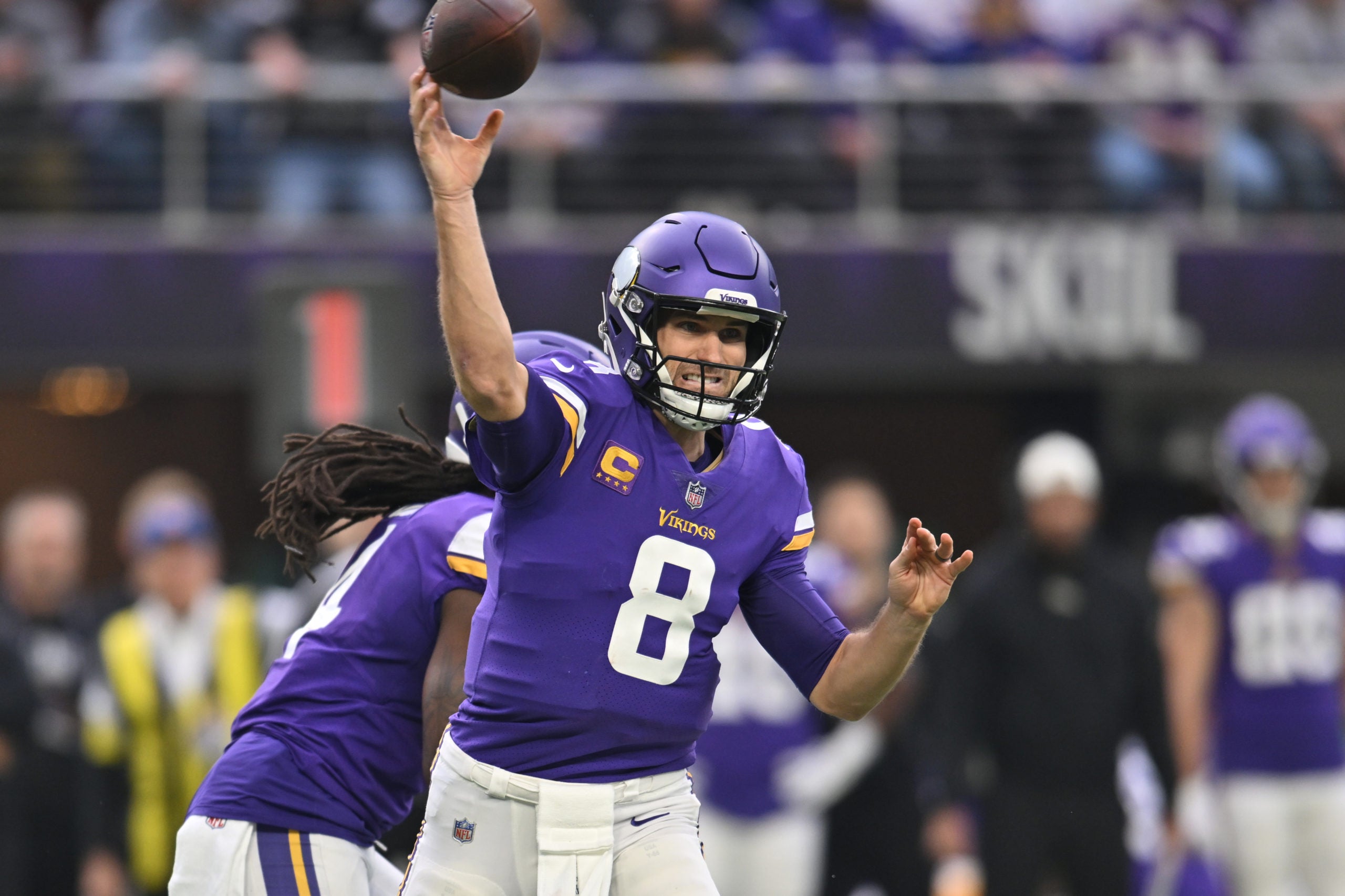 Dec 17, 2022; Minneapolis, Minnesota, USA; Minnesota Vikings quarterback Kirk Cousins (8) throws against the Indianapolis Colts during the first quarter at U.S. Bank Stadium. Mandatory Credit: Jeffrey Becker-USA TODAY Sports