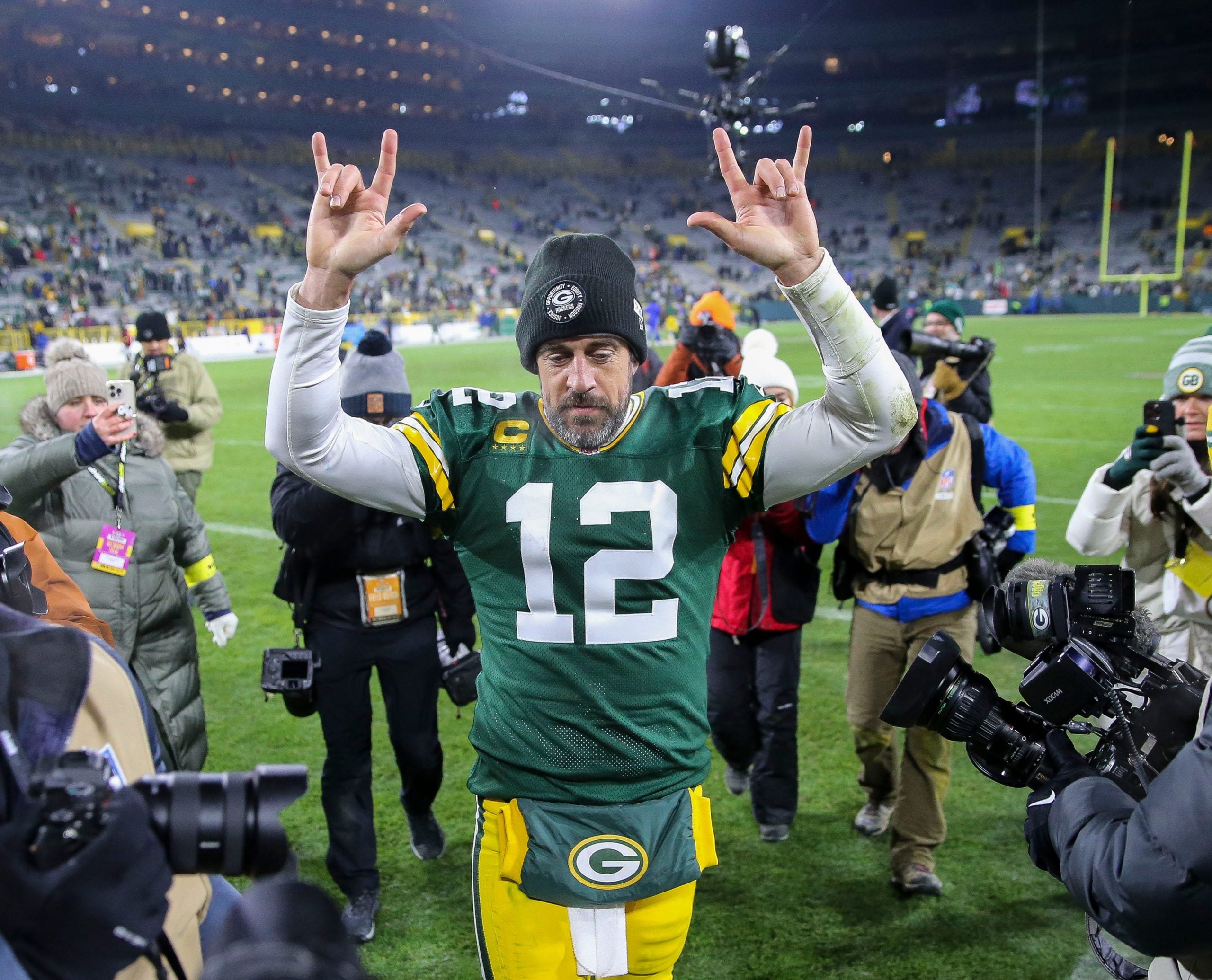 Green Bay Packers quarterback Aaron Rodgers (12) gestures to fans as he leaves the field after a game against the Los Angeles Rams on Monday, December 19, 2022, at Lambeau Field in Green Bay, Wis. The Packers won the game, 24-12.Tork Mason/USA TODAY NETWORK-Wisconsin Apj Packers Vs Rams 121922 1788 Ttm