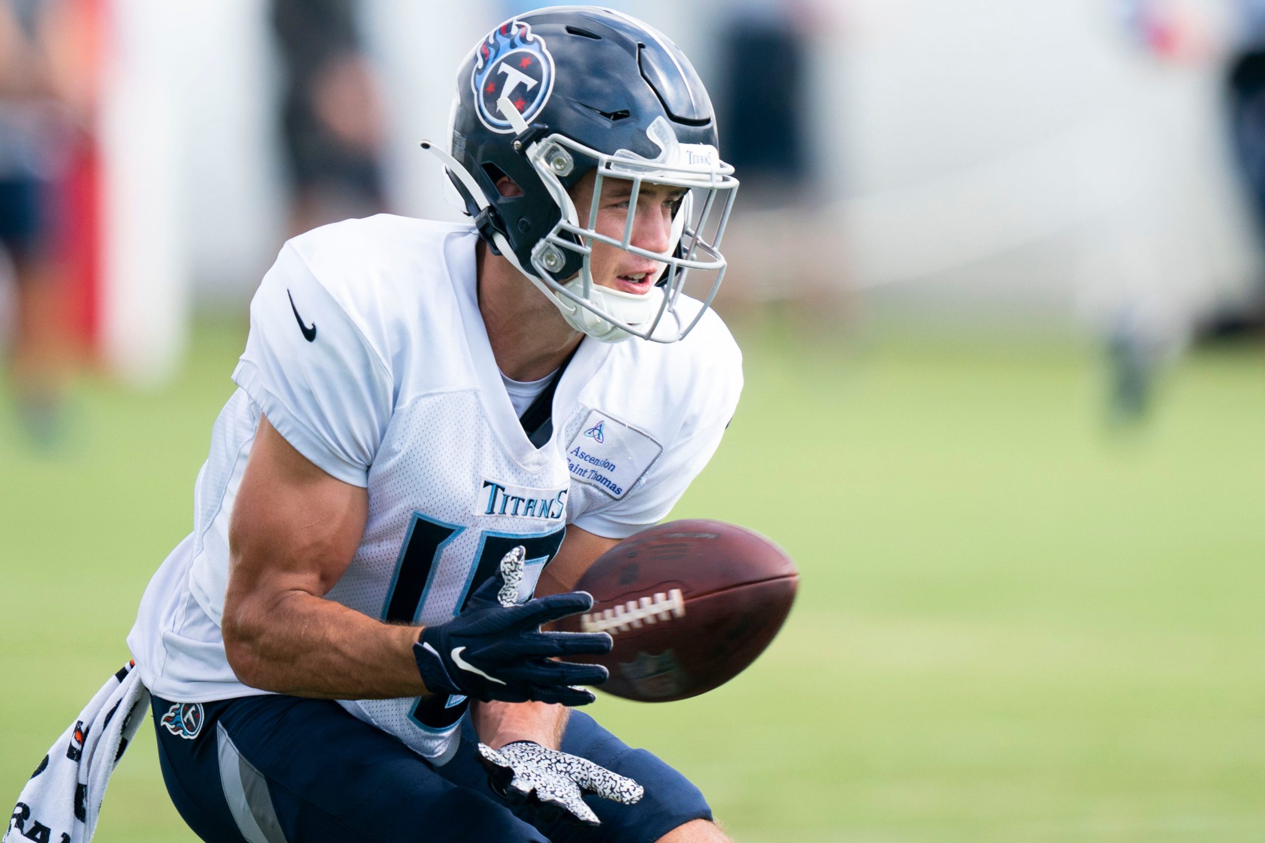 Tennessee Titans wide receiver Kyle Philips (18) pulls in a catch during a training camp practice at Ascension Saint Thomas Sports Park Monday, Aug. 15, 2022, in Nashville, Tenn. Nas 0815 Titans 018