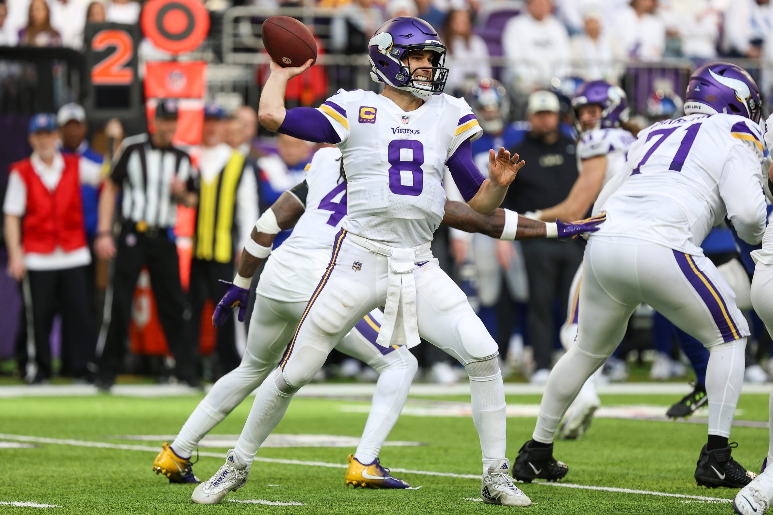 Dec 24, 2022; Minneapolis, Minnesota, USA; Minnesota Vikings quarterback Kirk Cousins (8) throws the ball against the New York Giants during the second quarter at U.S. Bank Stadium. Mandatory Credit: Matt Krohn-USA TODAY Sports