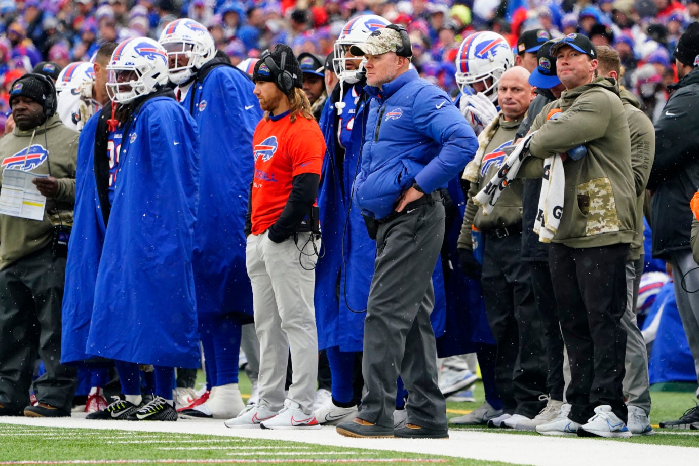 Nov 13, 2022; Orchard Park, New York, USA; Buffalo Bills head coach Sean McDermott looks on from the sidelines during the first half against the Minnesota Vikings at Highmark Stadium. Mandatory Credit: Gregory Fisher-USA TODAY Sports