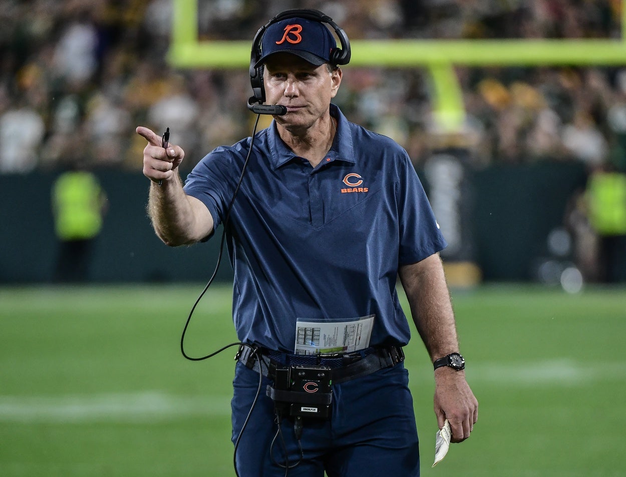 Sep 18, 2022; Green Bay, Wisconsin, USA; Chicago Bears head coach Matt Eberflus reacts during game against the Green Bay Packers in the fourth quarter at Lambeau Field. Mandatory Credit: Benny Sieu-USA TODAY Sports