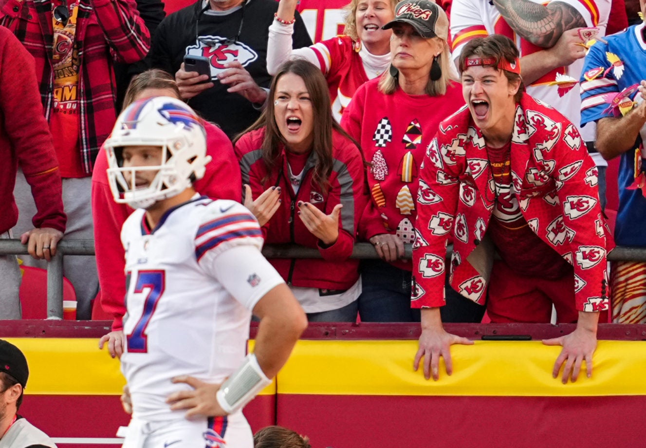 Oct 16, 2022; Kansas City, Missouri, USA; Kansas City Chiefs fans interact with Buffalo Bills quarterback Josh Allen (17) during the first half at GEHA Field at Arrowhead Stadium. Mandatory Credit: Jay Biggerstaff-USA TODAY Sports