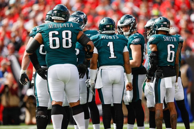 Philadelphia Eagles offense Jalen Hurts A.j. Brown Devonta Smith Quez Watkins Dallas Goedert stats NFL football yards per catch receiving tight end TE