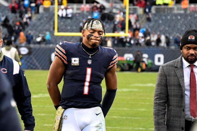 Chicago Bears Justin Fields pick six Detroit Lions touchdown INT TD run passing stats Jeff Okudah press conference Week 10 NFL football news