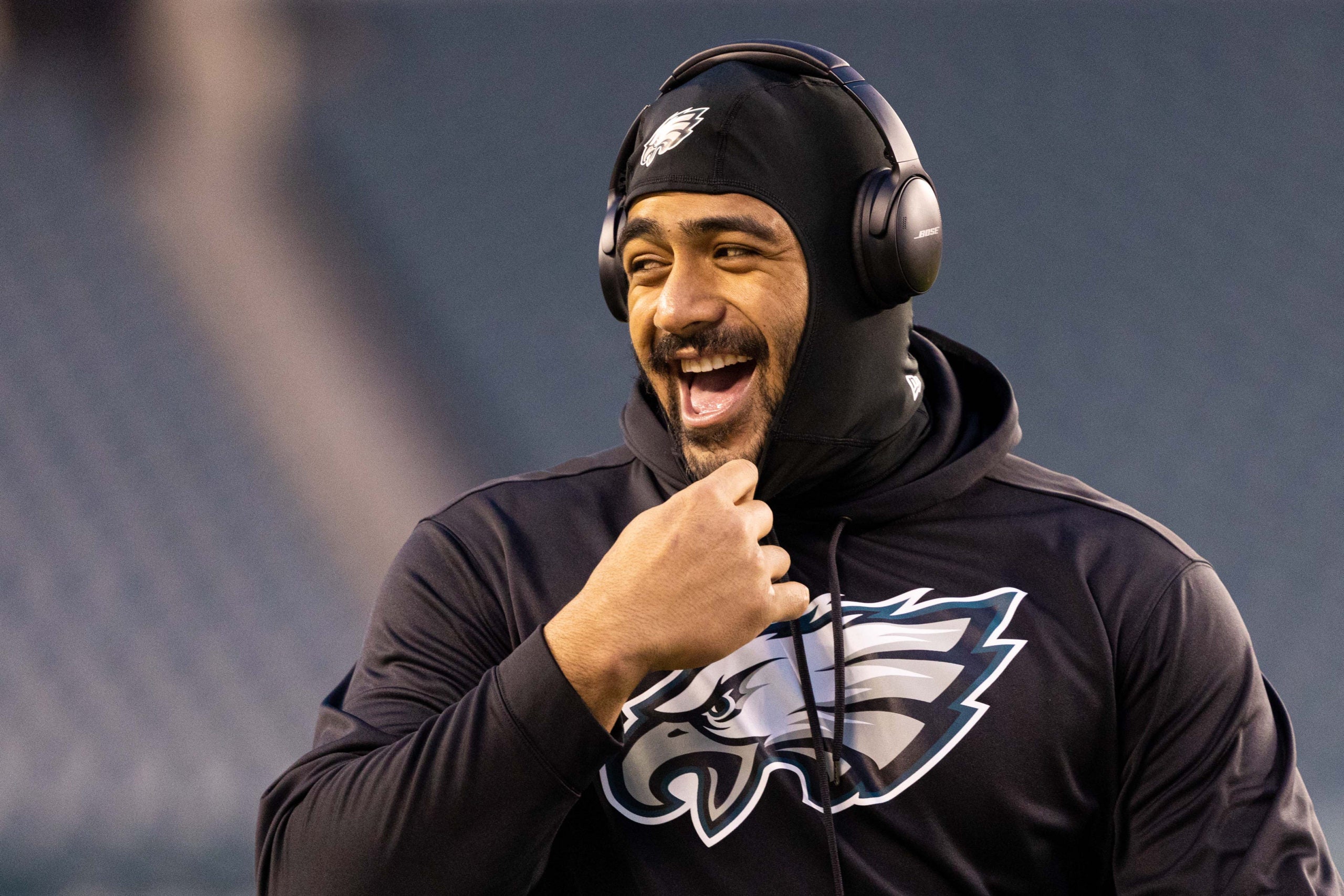 Dec 21, 2021; Philadelphia, Pennsylvania, USA; Philadelphia Eagles offensive tackle Jordan Mailata laughs before the game against the Washington Football Team at Lincoln Financial Field. Mandatory Credit: Bill Streicher-USA TODAY Sports