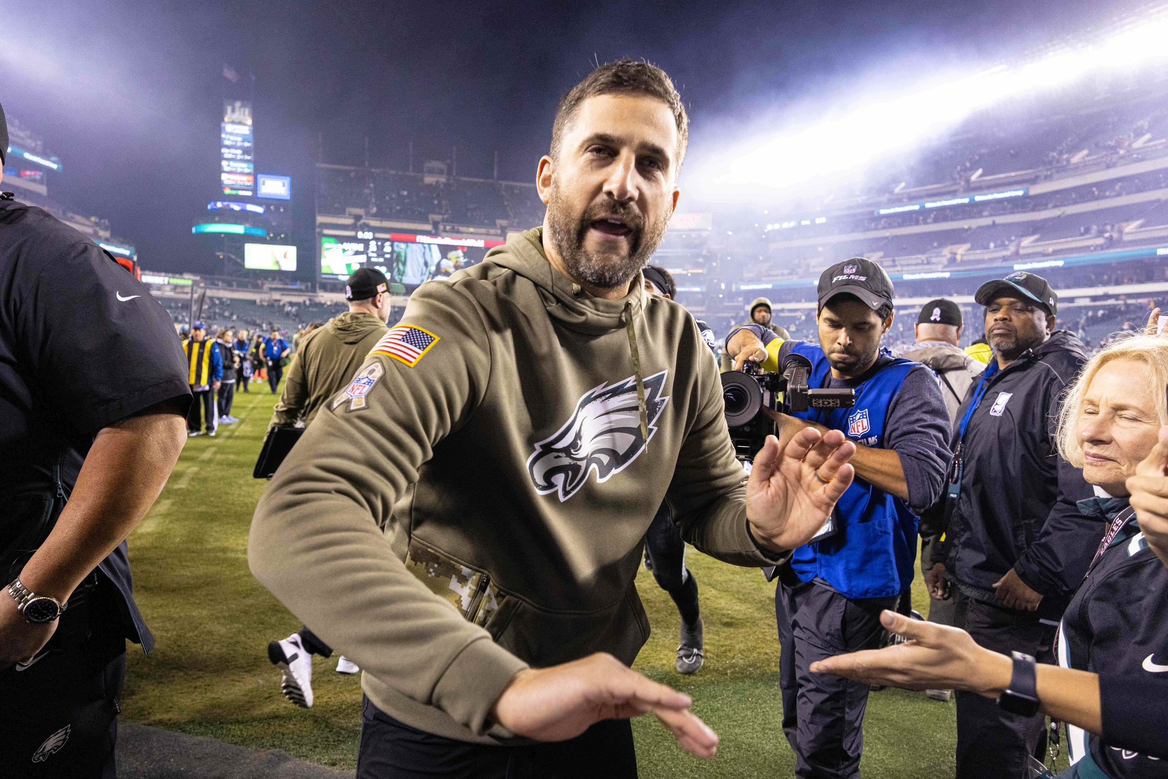Nov 27, 2022; Philadelphia, Pennsylvania, USA; Philadelphia Eagles head coach Nick Sirianni greets fans as he walks off the field after a victory against the Green Bay Packers at Lincoln Financial Field. Mandatory Credit: Bill Streicher-USA TODAY Sports