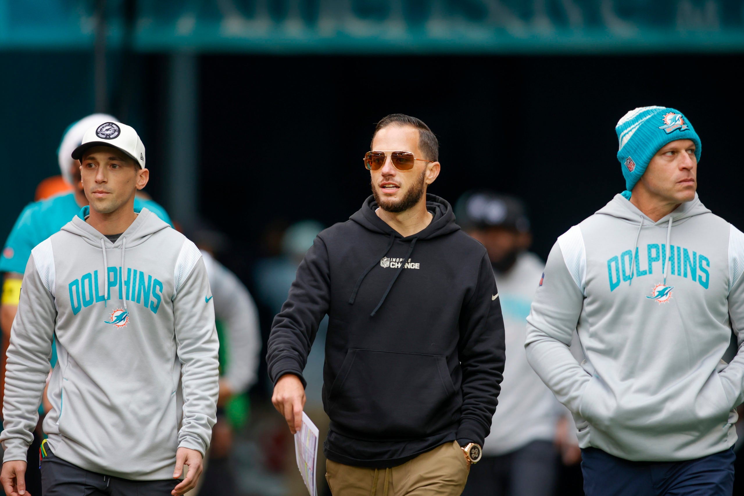 Dec 25, 2022; Miami Gardens, Florida, USA; Miami Dolphins head coach Mike McDaniel takes to the field prior to the game against the Green Bay Packers at Hard Rock Stadium. Mandatory Credit: Sam Navarro-USA TODAY Sports