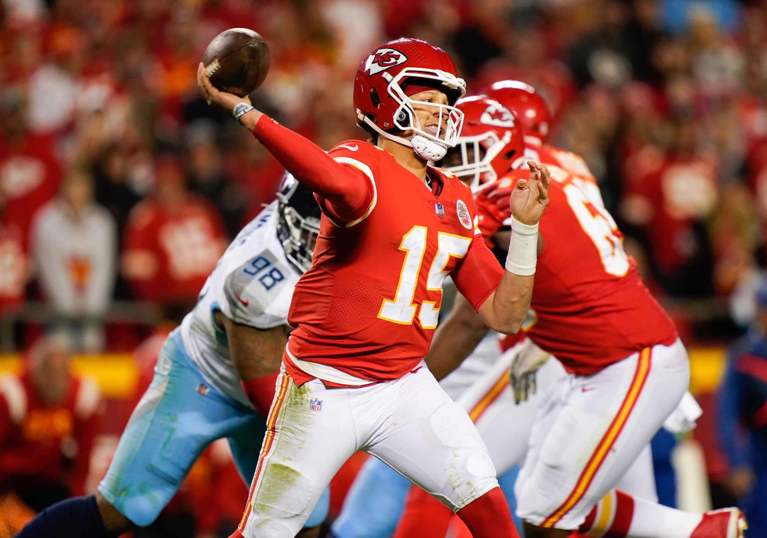 Kansas City Chiefs quarterback Patrick Mahomes (15) throws a pass during the third quarter at GEHA Field at Arrowhead Stadium Sunday, Nov. 6, 2022, in Kansas City, Mo. Nfl Tennessee Titans At Kansas City Chiefs