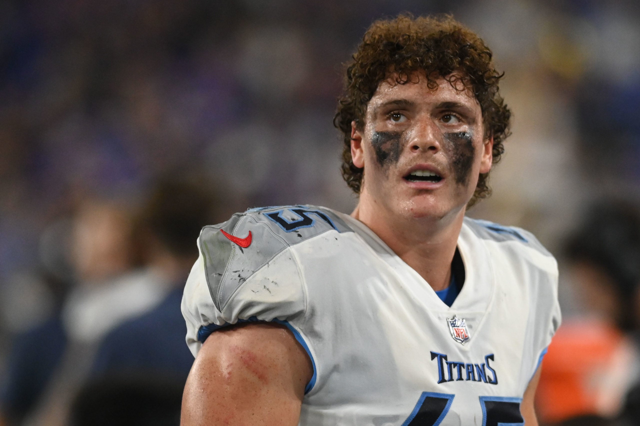 Aug 11, 2022; Baltimore, Maryland, USA;  Tennessee Titans linebacker Chance Campbell (45) on the sidelines during the second half against the Baltimore Ravens at M&T Bank Stadium. Mandatory Credit: Tommy Gilligan-USA TODAY Sports