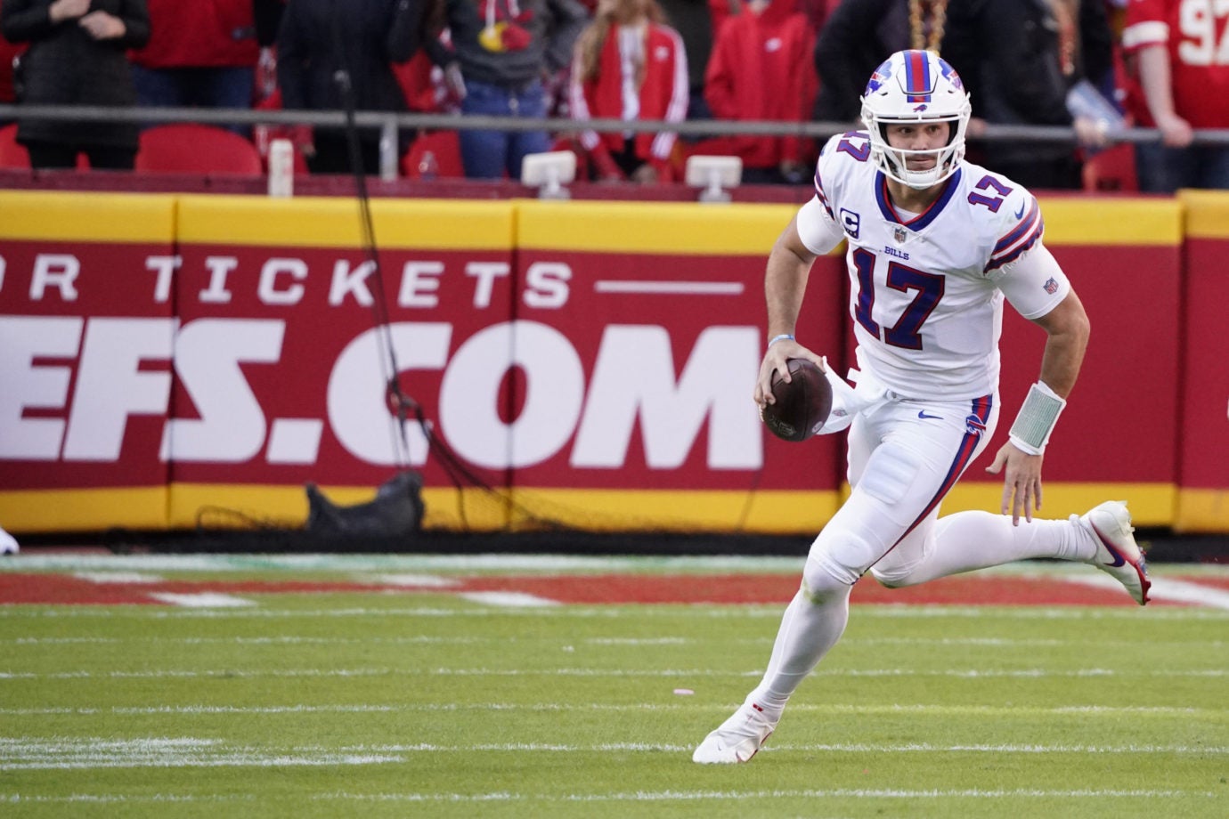 Oct 16, 2022; Kansas City, Missouri, USA; Buffalo Bills quarterback Josh Allen (17) runs the ball against the Kansas City Chiefs during the first half at GEHA Field at Arrowhead Stadium. Mandatory Credit: Denny Medley-USA TODAY Sports