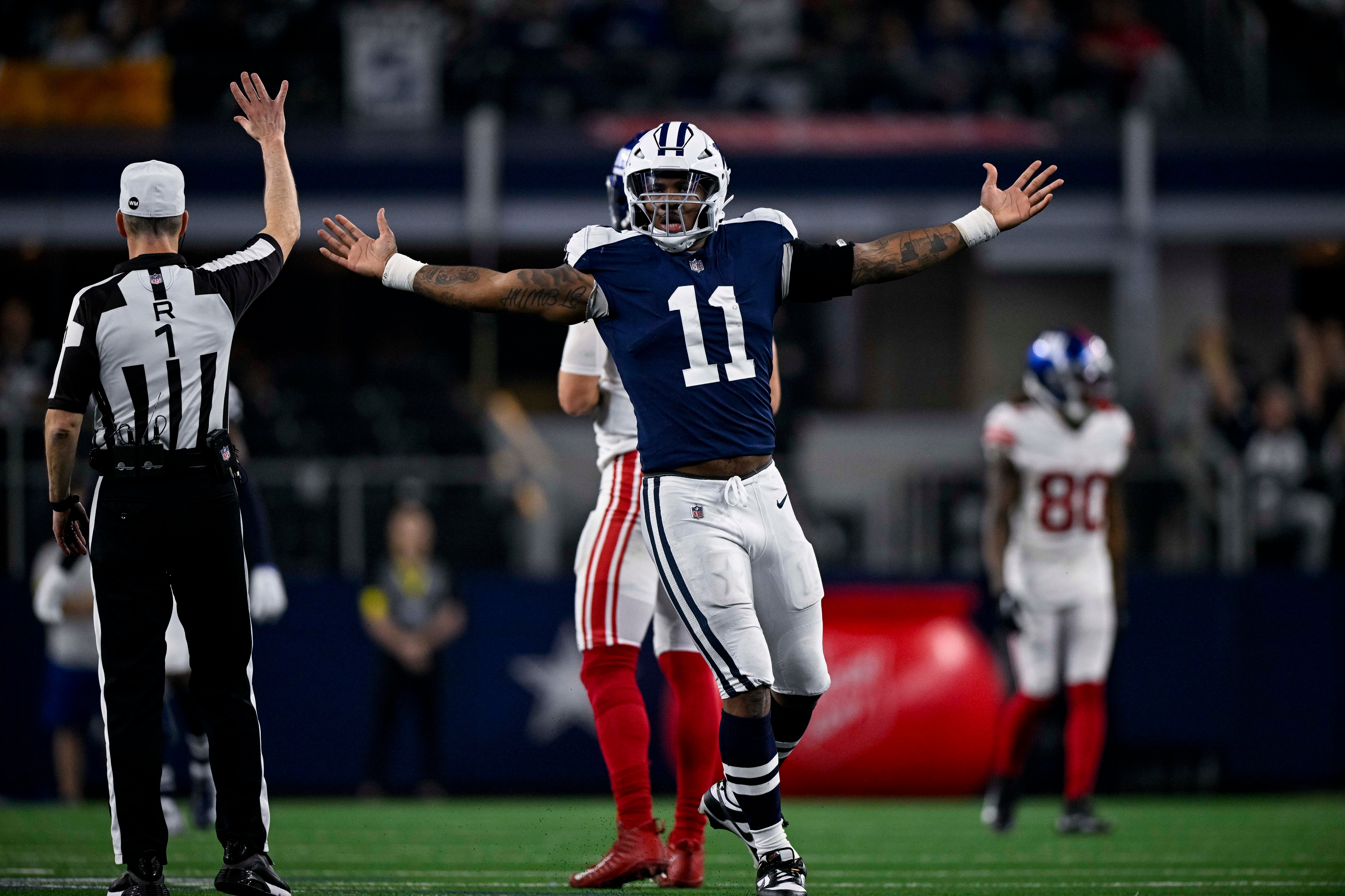 Nov 24, 2022; Arlington, Texas, USA; Dallas Cowboys linebacker Micah Parsons (11) celebrates after he sacks New York Giants quarterback Daniel Jones (8) during the second half of the game between the Cowboys and the Giants at AT&T Stadium. Mandatory Credit: Jerome Miron-USA TODAY Sports