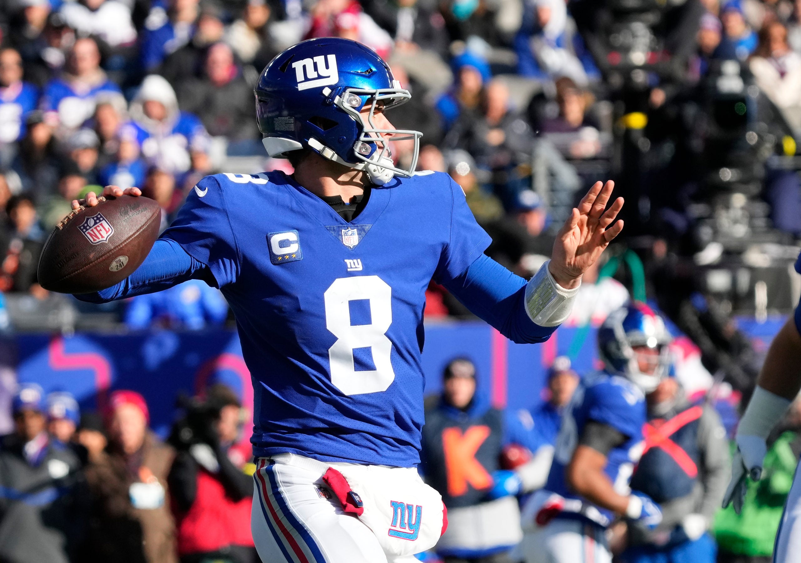 Nov 20, 2022; East Rutherford, NJ, USA;  New York Giants quarterback Daniel Jones (8) throws against the Detroit Lions in the first quarter at MetLife Stadium. Mandatory Credit: Robert Deutsch-USA TODAY Sports