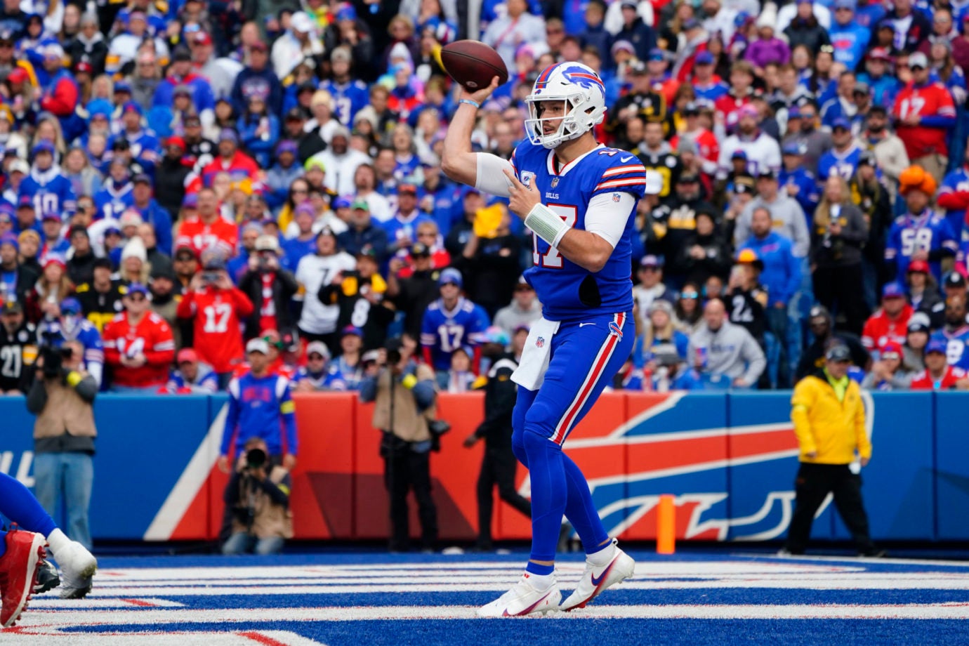 Oct 9, 2022; Orchard Park, New York, USA; Buffalo Bills quarterback Josh Allen (17) throws the ball against the Pittsburgh Steelers during the first half at Highmark Stadium. Mandatory Credit: Gregory Fisher-USA TODAY Sports