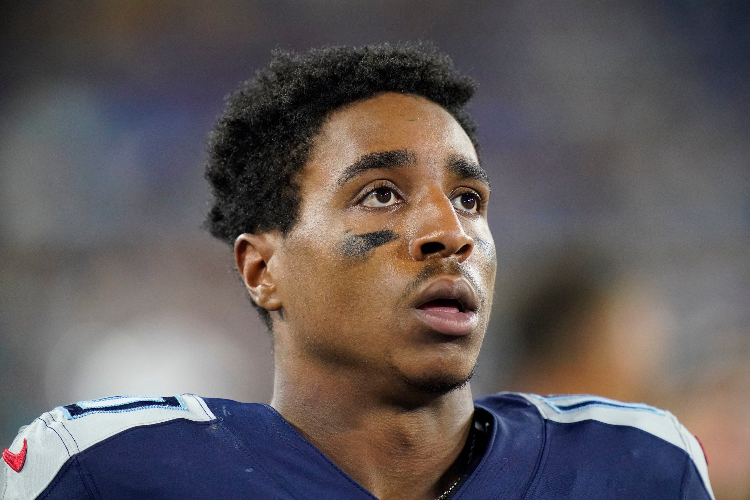 Aug 20, 2022; Nashville, Tennessee, USA; Tennessee Titans wide receiver Dez Fitzpatrick (10) looks on during the third quarter of a preseason game against the Tampa Bay Buccaneers at Nissan Stadium. Mandatory Credit: George Walker IV-USA TODAY Sports