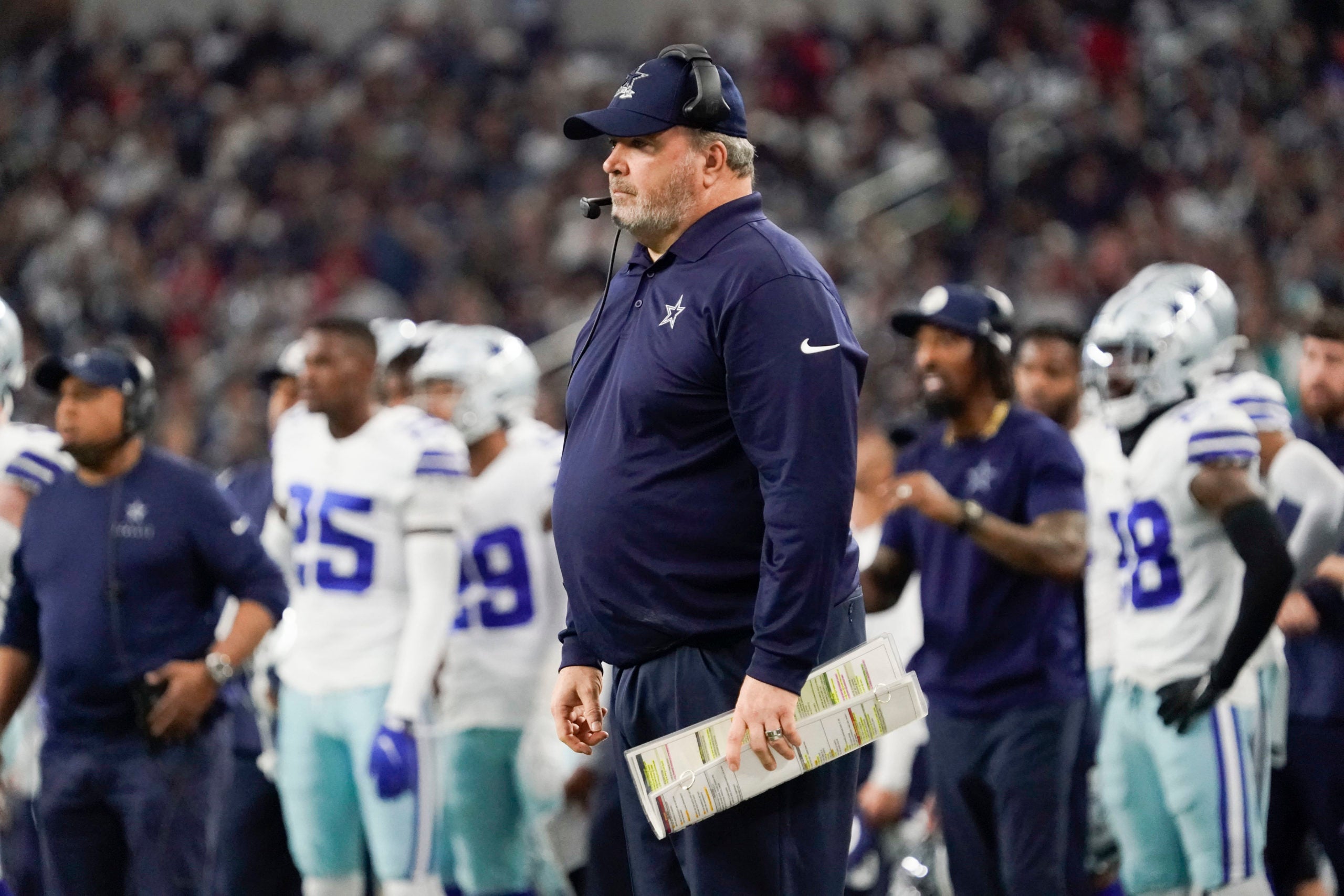 Dec 11, 2022; Arlington, Texas, USA; Dallas Cowboys head coach Mike McCarthy on the sidelines during the first half of game against the Houston Texans at AT&T Stadium. Mandatory Credit: Raymond Carlin III-USA TODAY Sports