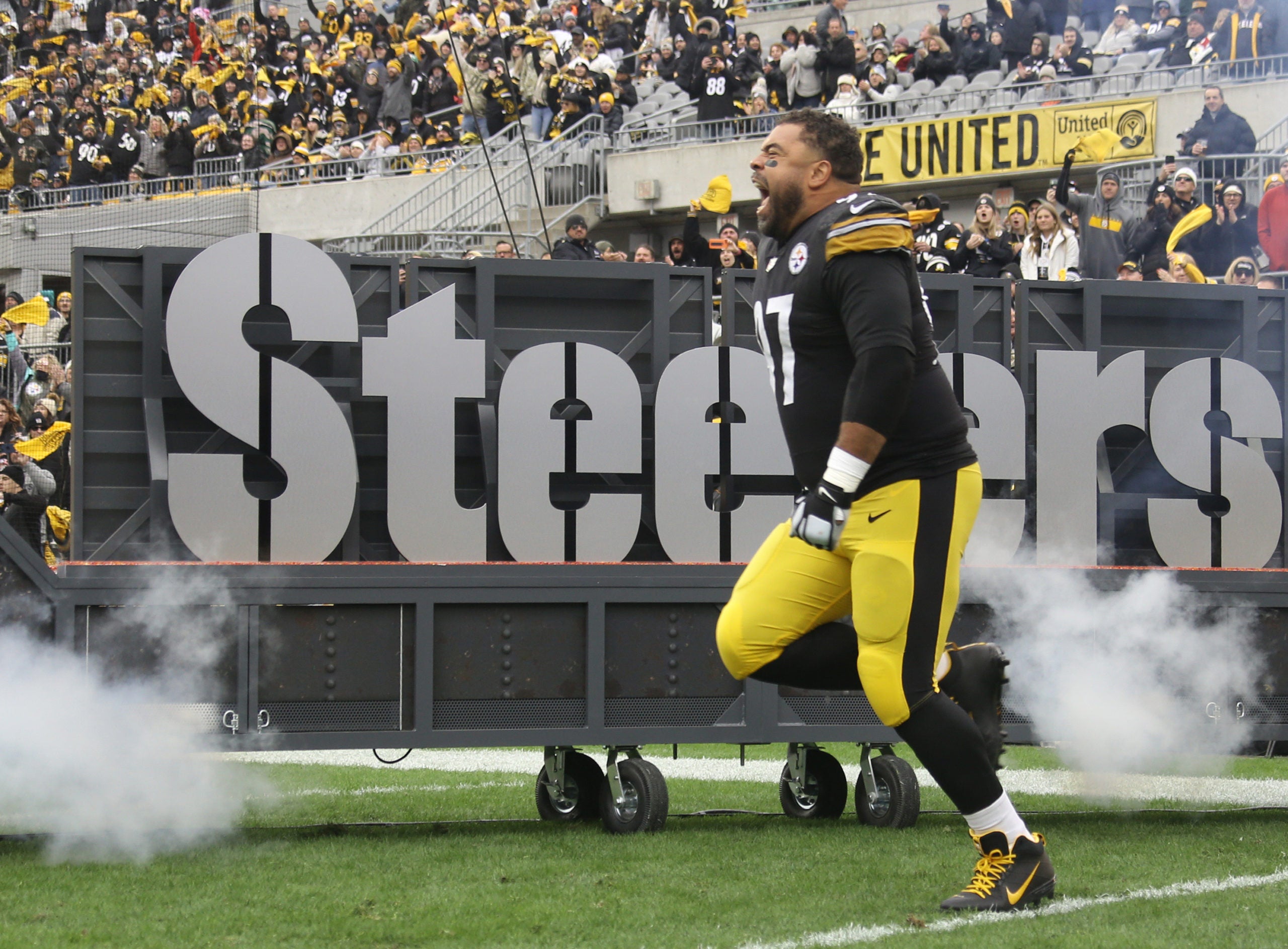 Nov 13, 2022; Pittsburgh, Pennsylvania, USA;  Pittsburgh Steelers defensive tackle Cameron Heyward (97) reacts as he takes the field to play the New Orleans Saints at Acrisure Stadium. Mandatory Credit: Charles LeClaire-USA TODAY Sports
