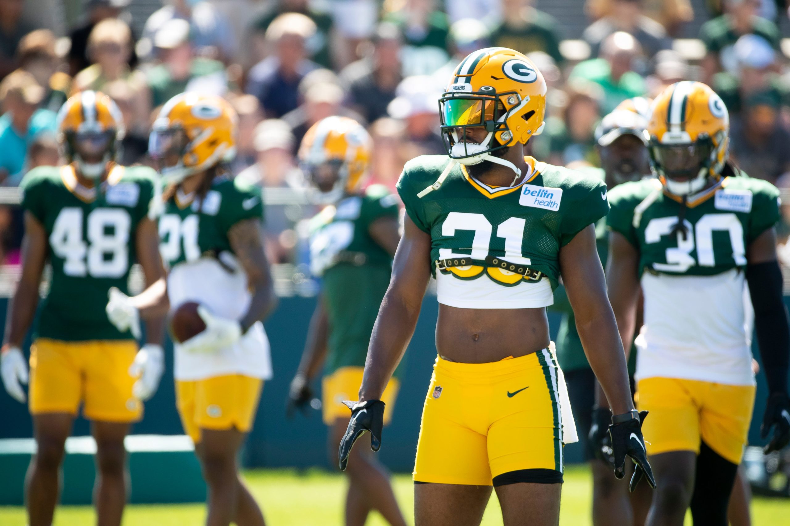 Green Bay Packers safety Adrian Amos (31) participates in training camp on Thursday, Aug. 4, 2022, at Ray Nitschke Field in Ashwaubenon, Wis. Samantha Madar/USA TODAY NETWORK-Wis. Gpg Packers Training Camp 08042022 0014