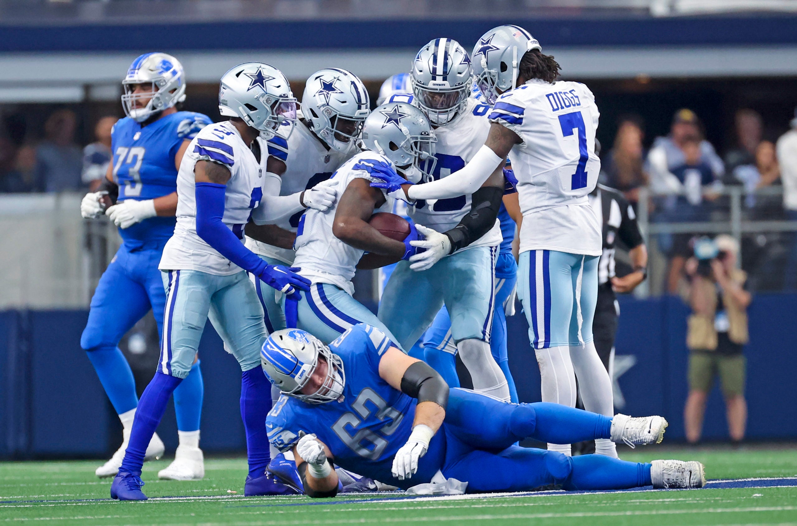 Oct 23, 2022; Arlington, Texas, USA;  Dallas Cowboys cornerback Jourdan Lewis (2) celebrates with teammates after intercepting a ball during the second half against the Detroit Lions at AT&T Stadium. Mandatory Credit: Kevin Jairaj-USA TODAY Sports