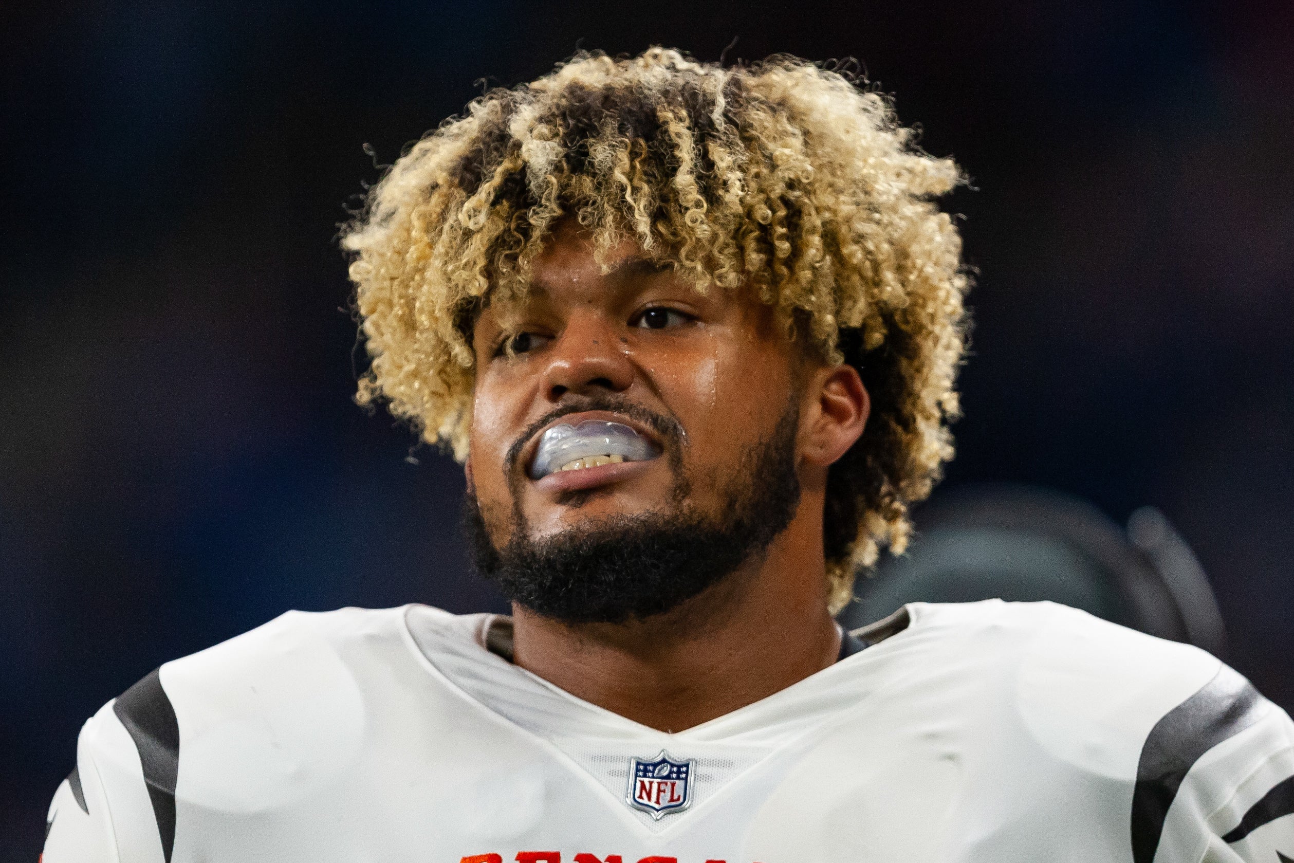 Oct 17, 2021; Detroit, Michigan, USA; Cincinnati Bengals guard Jackson Carman (79) during the first quarter against the Detroit Lions at Ford Field. Mandatory Credit: Raj Mehta-USA TODAY Sports