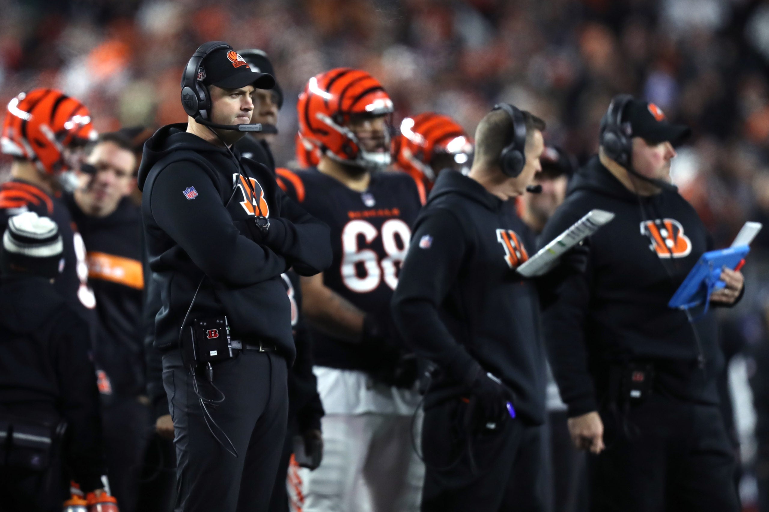 Jan 15, 2023; Cincinnati, Ohio, USA; Cincinnati Bengals head coach Zac Taylor (left) looks on from the sideline during the first half in a wild card game against the Baltimore Ravens at Paycor Stadium. Mandatory Credit: Katie Stratman-USA TODAY Sports