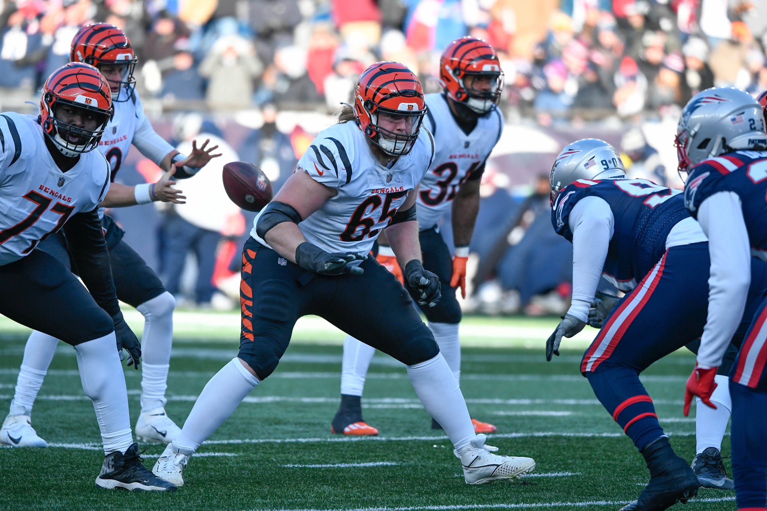 Dec 24, 2022; Foxborough, Massachusetts, USA; Cincinnati Bengals guard Alex Cappa (65)  during the first half against the New England Patriotsat Gillette Stadium. Mandatory Credit: Eric Canha-USA TODAY Sports