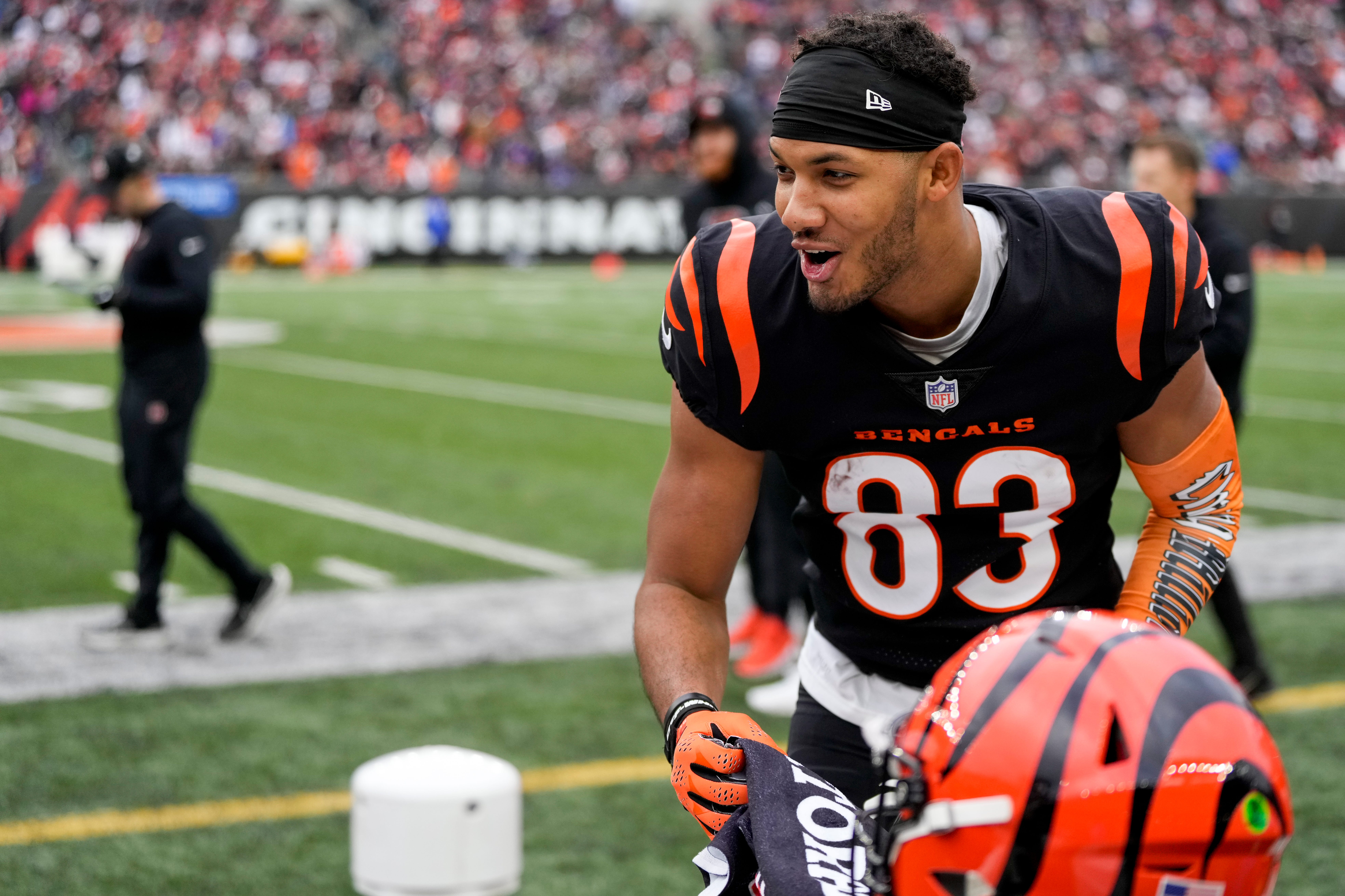 Cincinnati Bengals wide receiver Tyler Boyd (83) laughs as running back Joe Mixon (28) roasts him in the second quarter of the NFL Week 18 game between the Cincinnati Bengals and the Baltimore Ravens at Paycor Stadium in downtown Cincinnati on Sunday, Jan. 8, 2023. The Bengals led 24-7 at halftime. Baltimore Ravens At Cincinnati Bengals Nfl Week 18