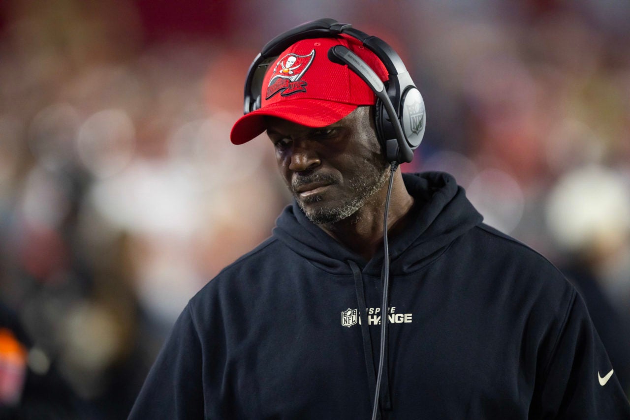 Dec 25, 2022; Glendale, Arizona, USA; Tampa Bay Buccaneers head coach Todd Bowles against the Arizona Cardinals at State Farm Stadium. Mandatory Credit: Mark J. Rebilas-USA TODAY Sports