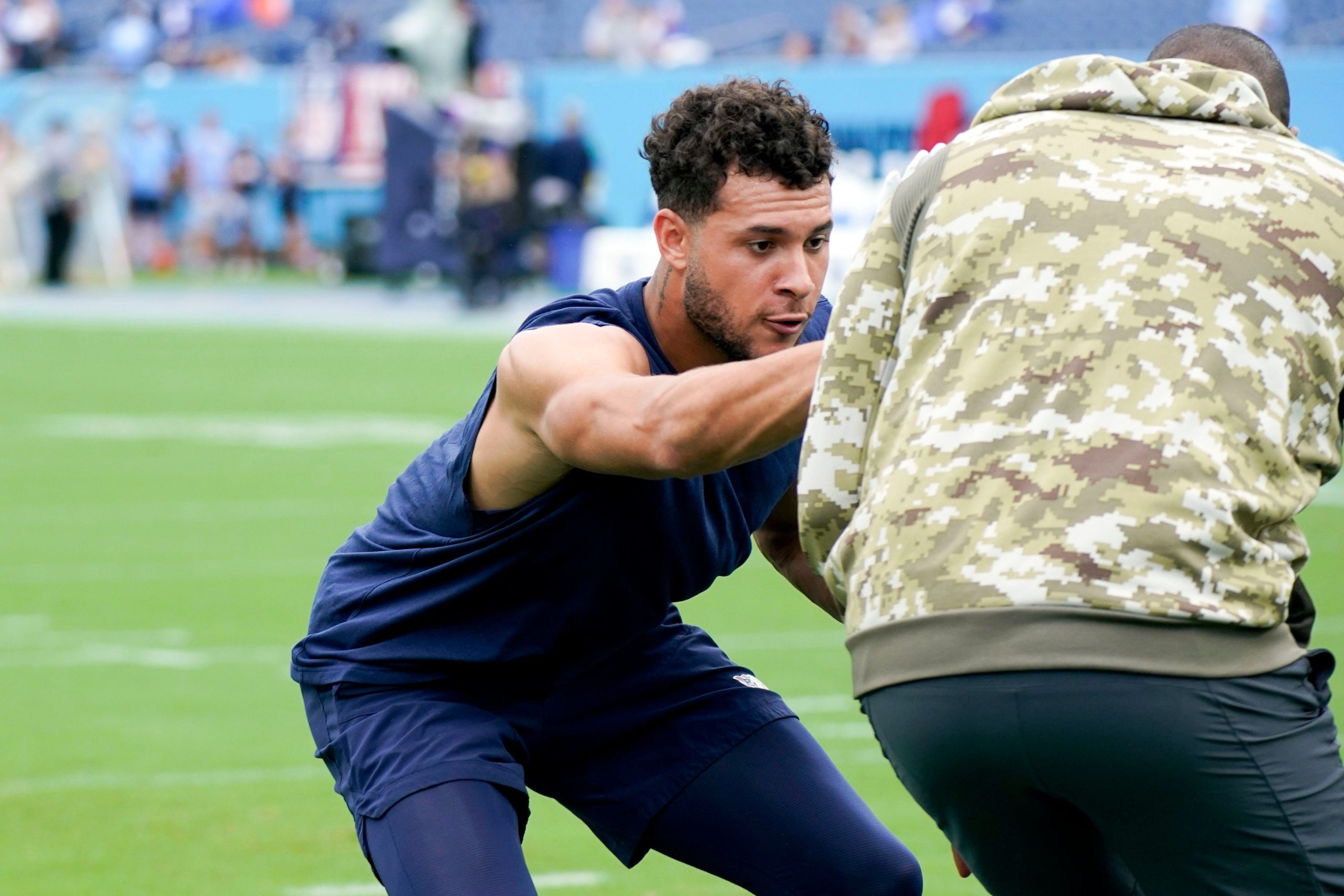 Tennessee Titans cornerback Caleb Farley (3) warms up before facing the New York Giants during their season opener at Nissan Stadium Sunday, Sept. 11, 2022, in Nashville, Tenn. Nfl New York Giants At Tennessee Titans