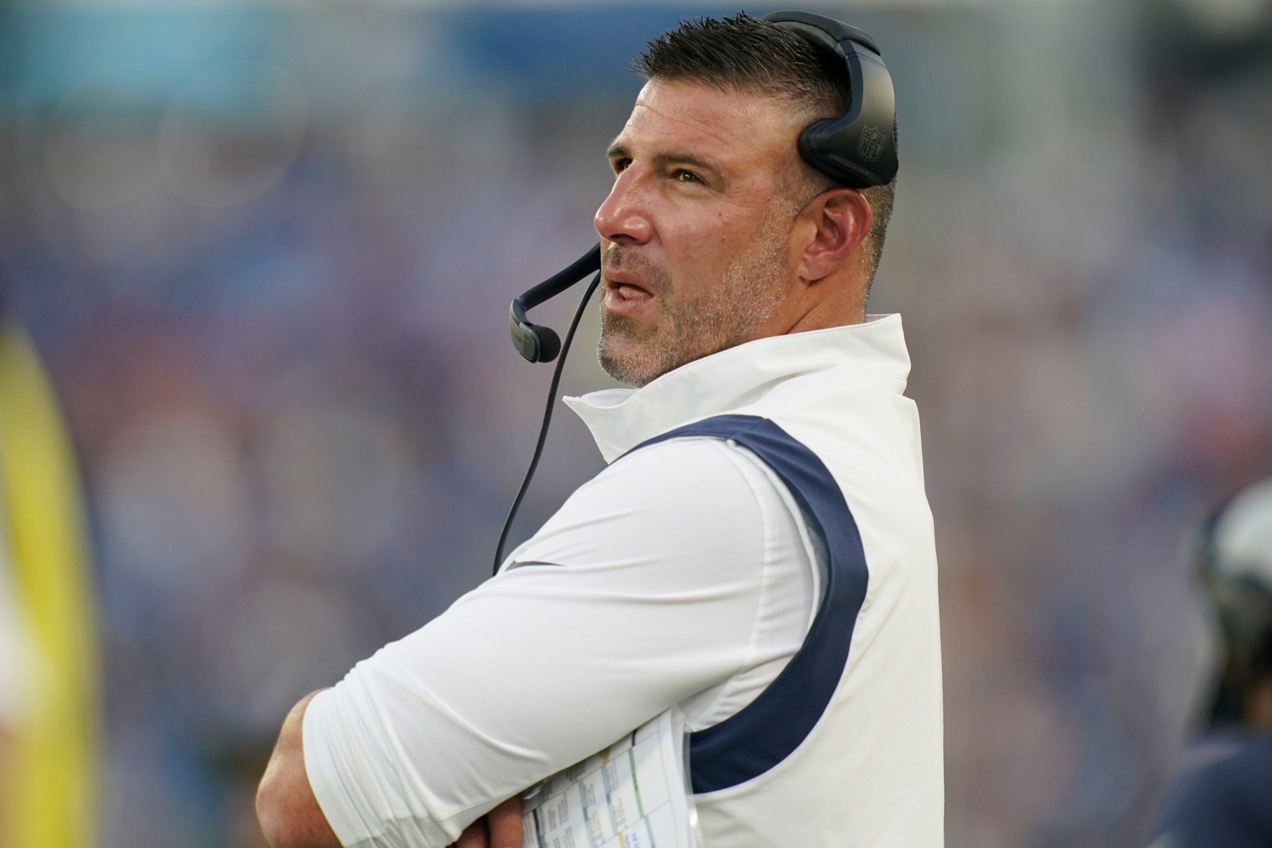 Tennessee Titans head coach Mike Vrabel looks up at the scoreboard during the second quarter of an NFL preseason game at Nissan Stadium Saturday, Aug. 27, 2022, in Nashville, Tenn. Nas Titans Cardinals 065