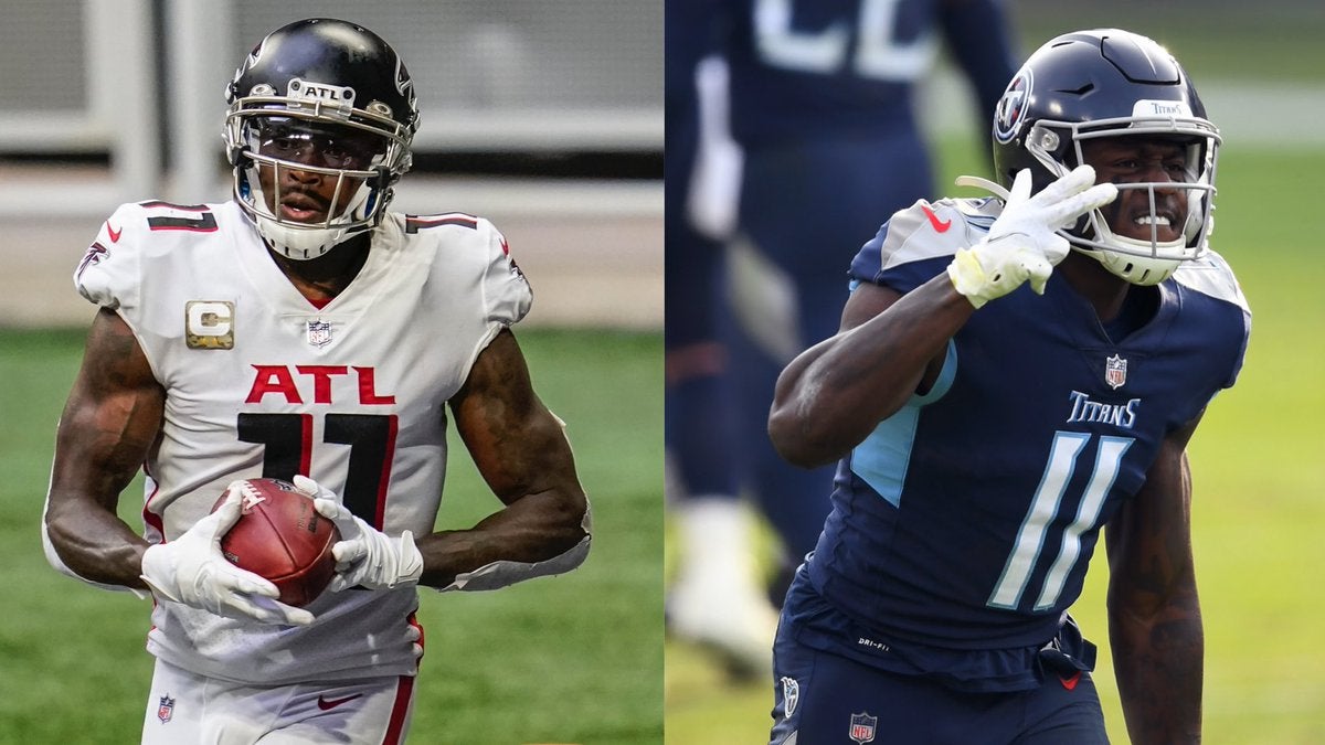 NFL Top 5 Receiver Tandems duos Julio Jones A.J. Brown Mike Evans Chris Godwin D.K. Metcalf Tyler Lockett Odell Beckham Jr. Jarvis Landry Adam Thielen Justin Jefferson wide receivers 2021 Tennessee Titans Cleveland Browns Minnesota Vikings Seattle Seahawks Tampa Bay Buccaneers