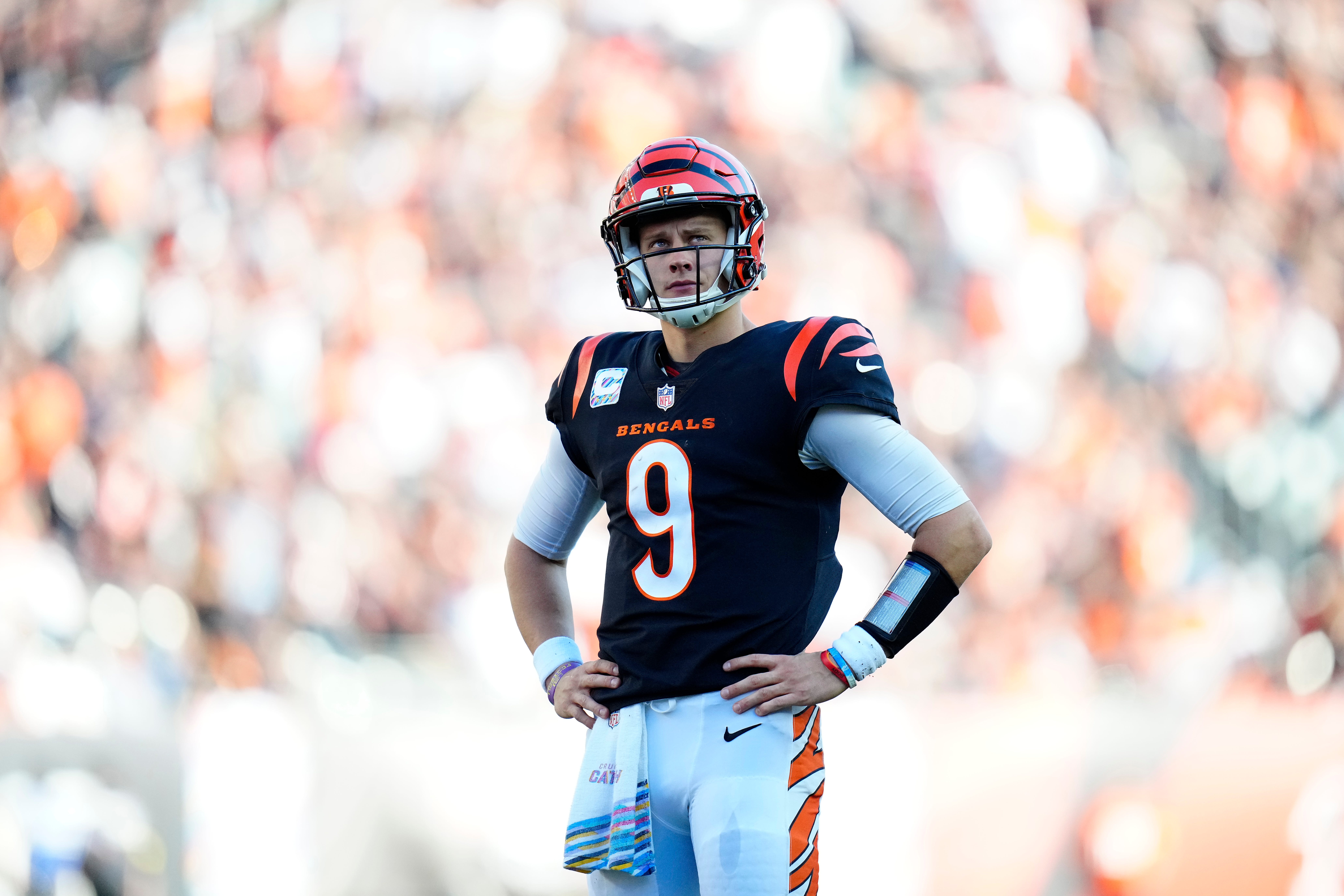 Cincinnati Bengals quarterback Joe Burrow (9) watches an official review on the big screen in the fourth quarter of the NFL Week 7 game between the Cincinnati Bengals and the Atlanta Falcons at Paycor Stadium in downtown Cincinnati on Sunday, Oct. 23, 2022. The Bengals won 35-17. Mandatory Credit: Sam Greene-The Enquirer Atlanta Falcons At Cincinnati Bengals Nfl Week 7