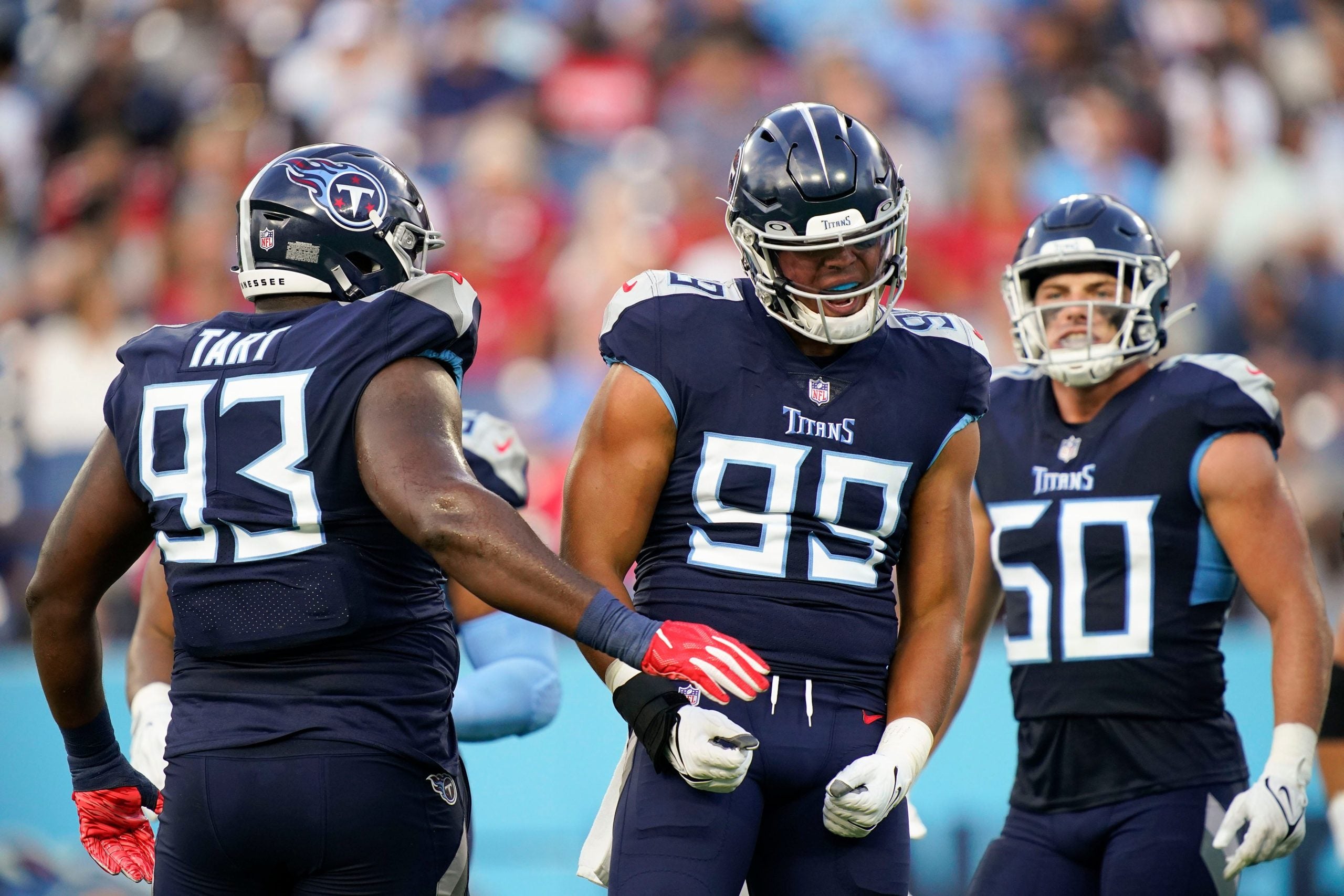 Tennessee Titans linebacker Rashad Weaver (99) celebrates his sack during the first quarter of a preseason game at Nissan Stadium Saturday, Aug. 20, 2022, in Nashville, Tenn. Nfl Tampa Bay Buccaneers At Tennessee Titans