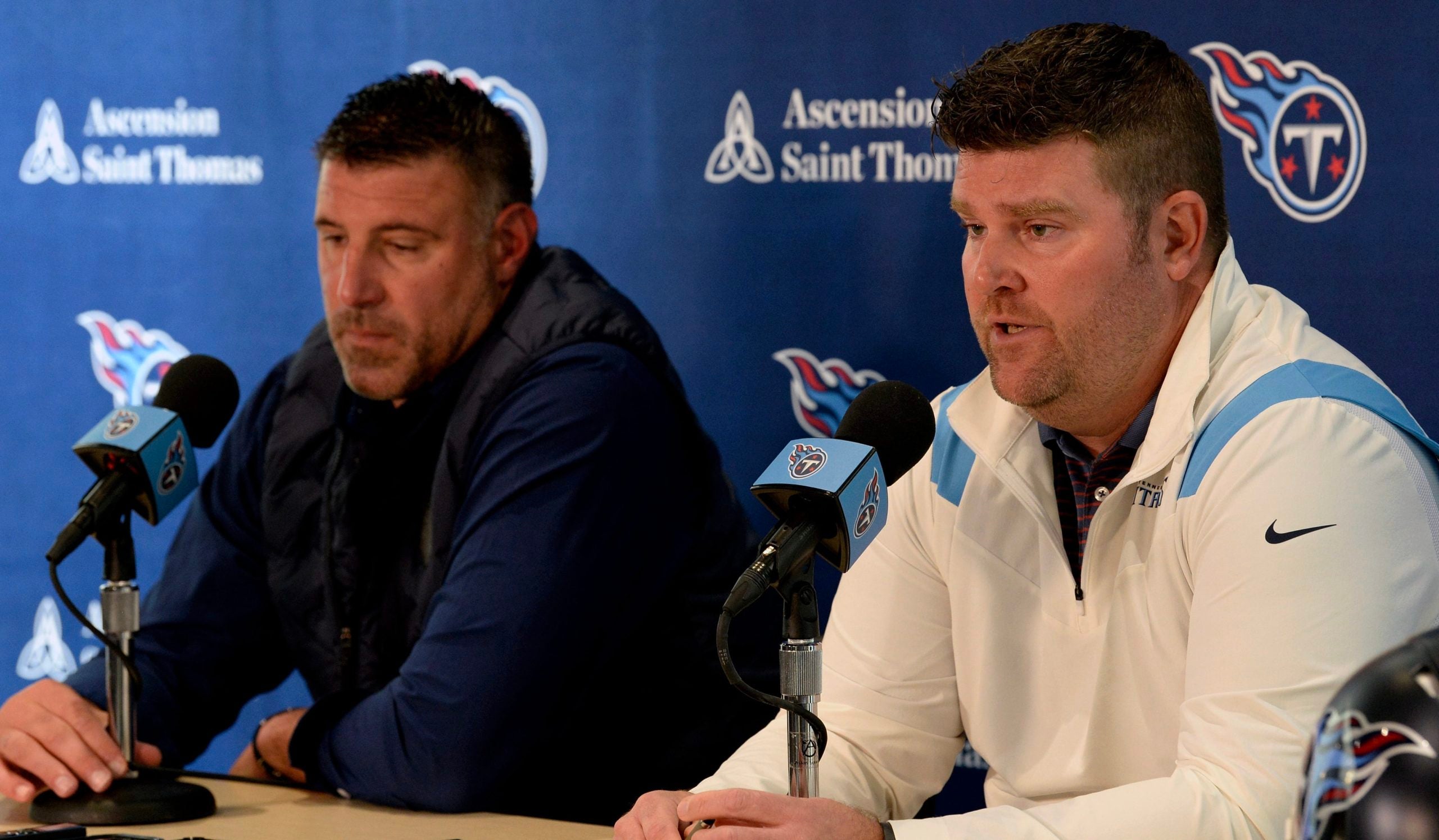 Tennessee Titans head coach Mike Vrabel, and General Manager, Jon Robinson talk about the upcoming NFL draft at the Saint Thomas Sports Park training camp facility on Thursday, April 21, 2022, in Nashville, Tenn. Nas Pre Draft Titans Press Conference 003