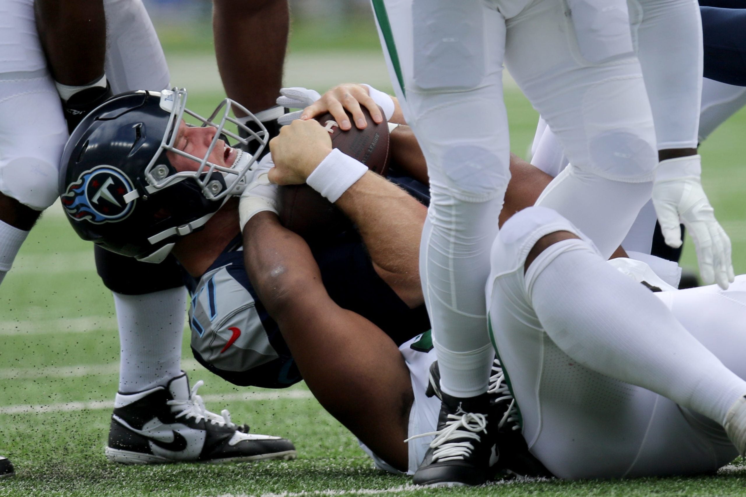 The New York Jets take down Tennessee Titans quarterback, Ryan Tannehill. Sunday, October 3, 2021 Nfl Week 4 Jets V Titans